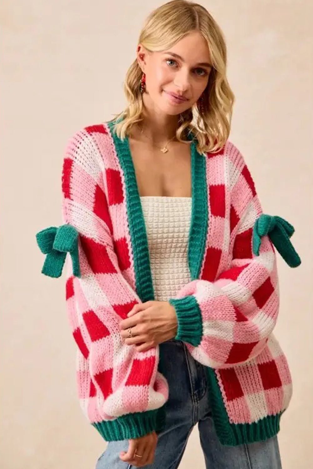 Pink Colorblock Checkered Open Front Knit Cardigan - MAD RUFFI