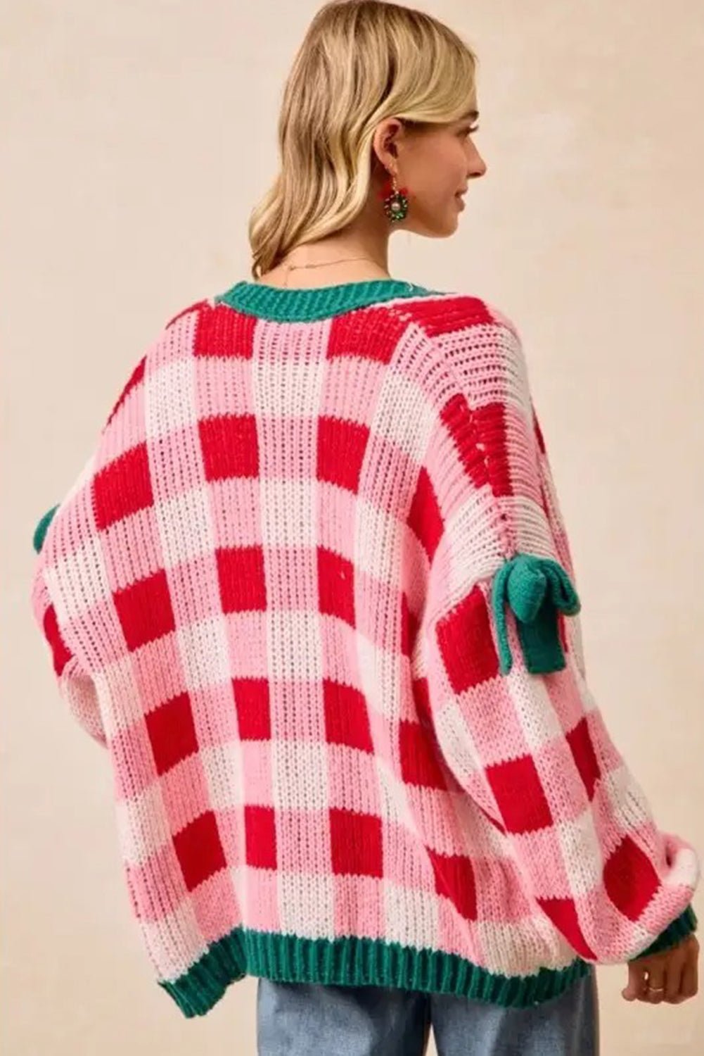 Pink Colorblock Checkered Open Front Knit Cardigan - MAD RUFFI
