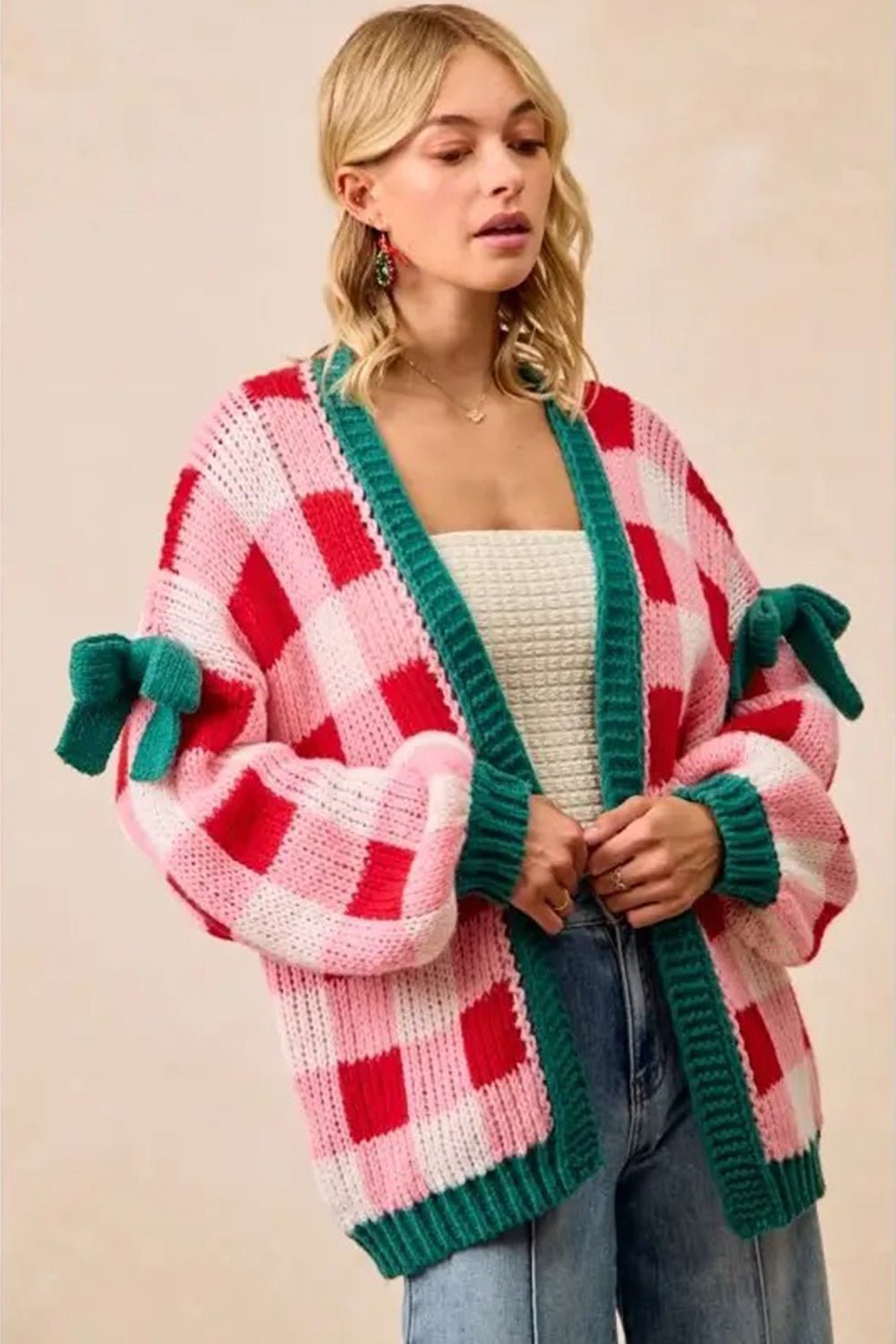 Pink Colorblock Checkered Open Front Knit Cardigan - MAD RUFFI