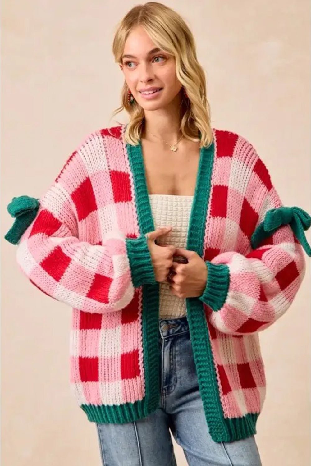 Pink Colorblock Checkered Open Front Knit Cardigan - MAD RUFFI