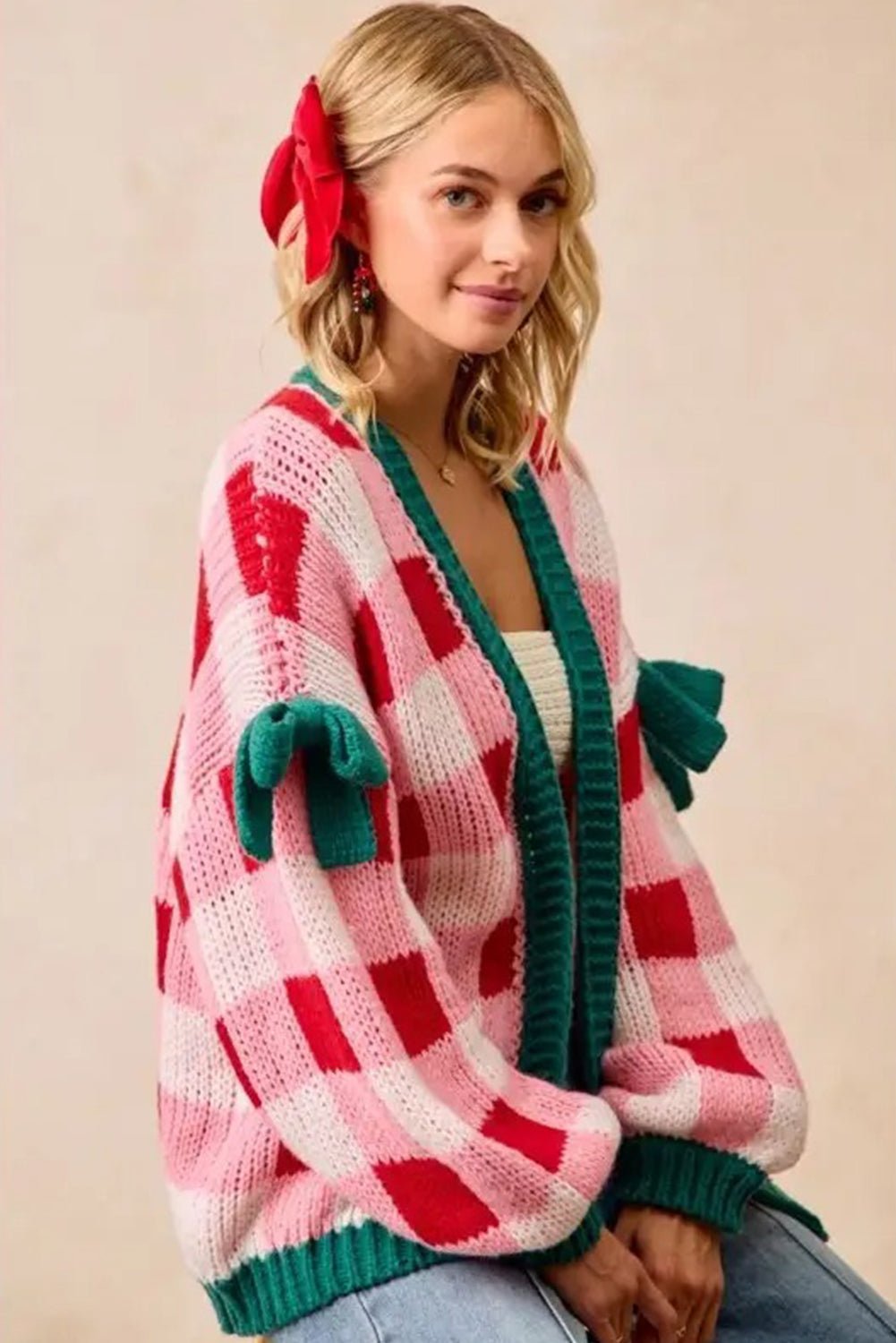 Pink Colorblock Checkered Open Front Knit Cardigan - MAD RUFFI