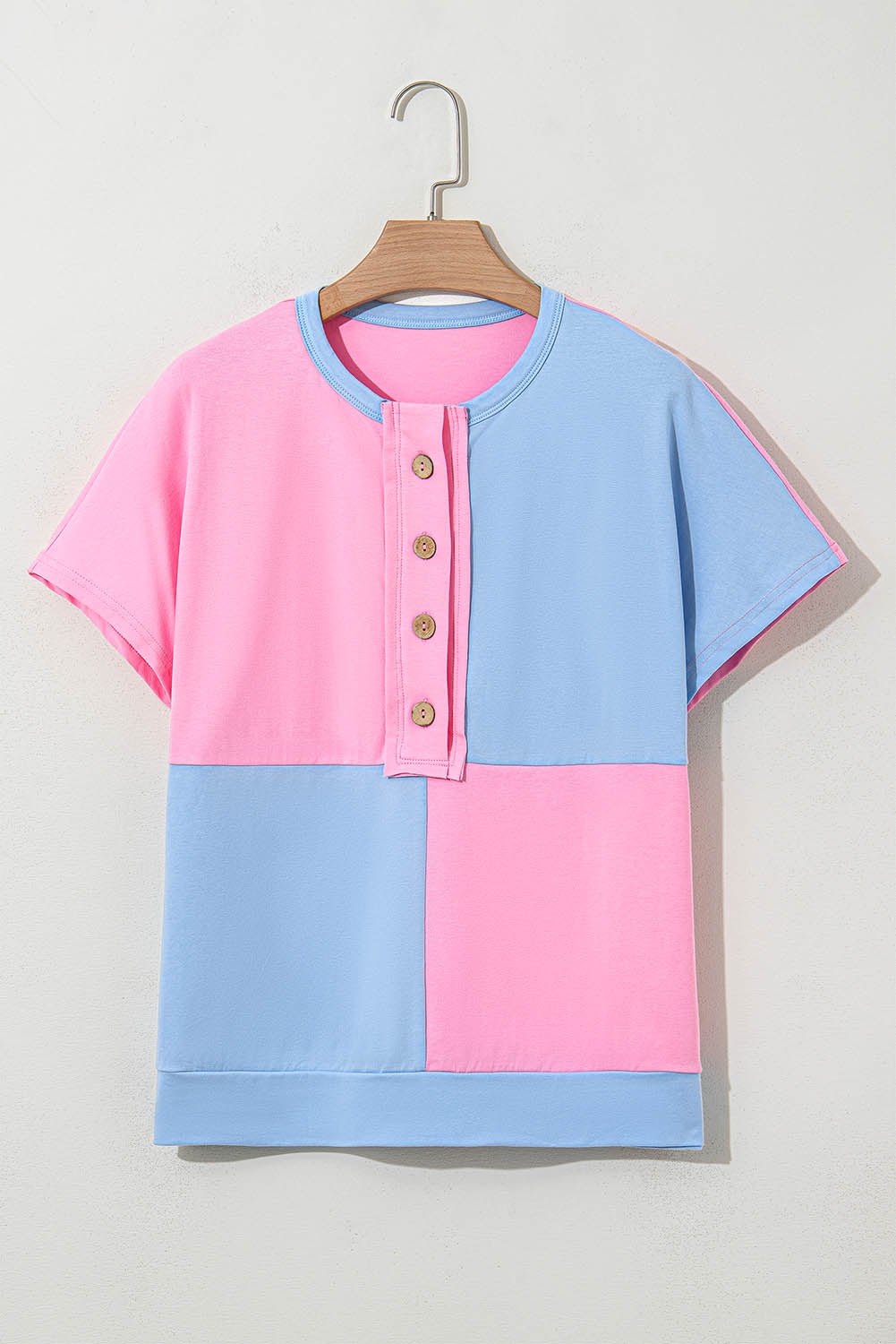 Pink Colorblock Half Buttons Henley T Shirt - MAD RUFFI