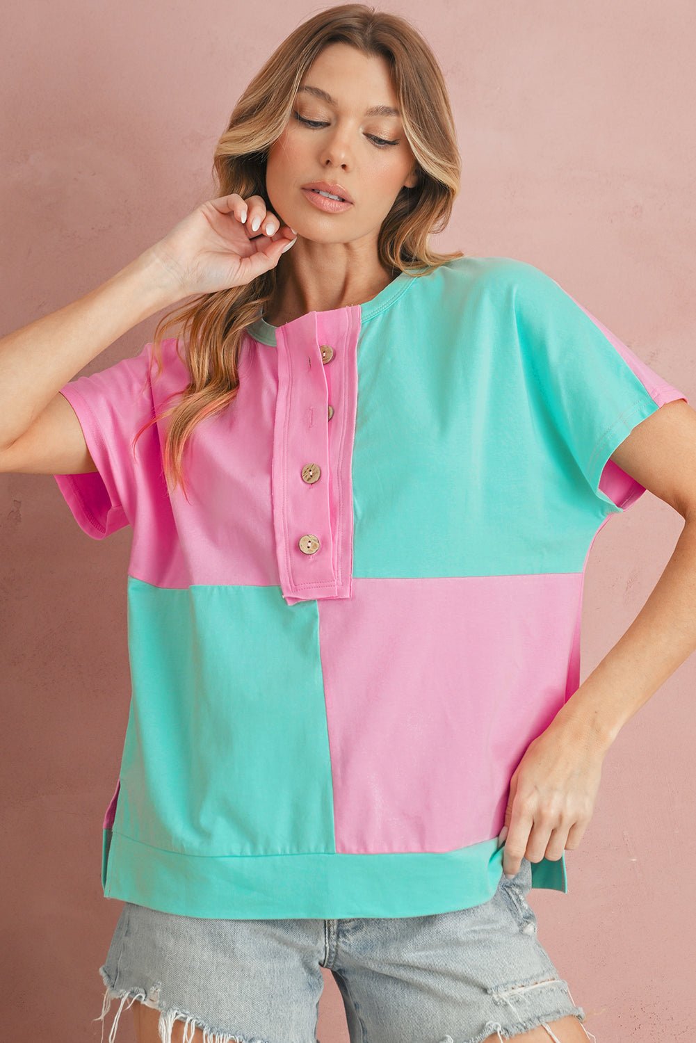 Pink Colorblock Half Buttons Henley T Shirt - MAD RUFFI