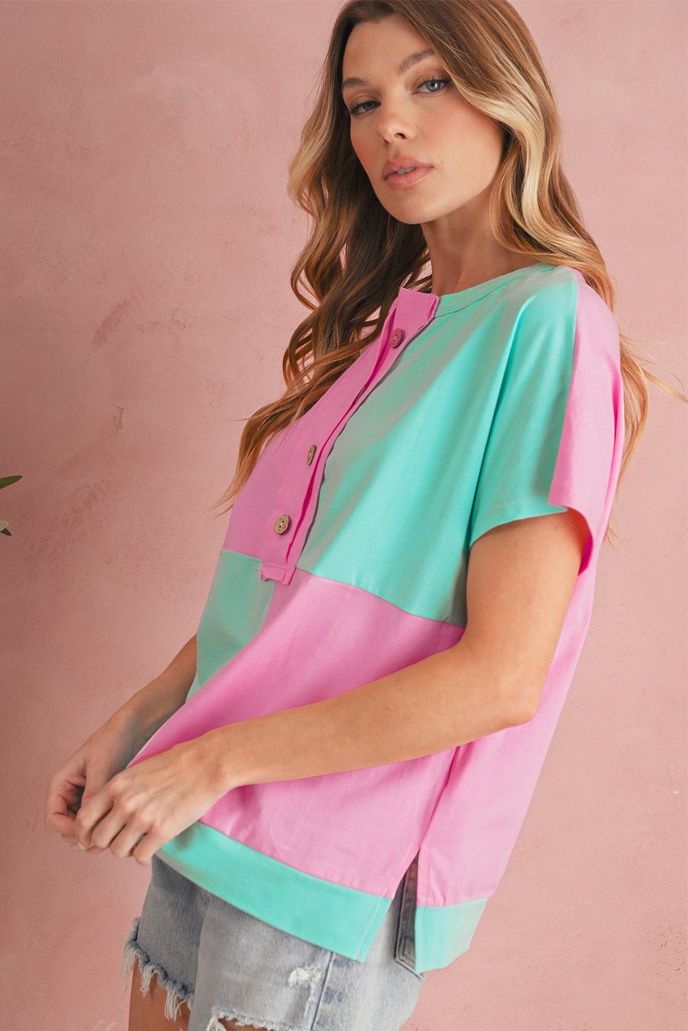 Pink Colorblock Half Buttons Henley T Shirt - MAD RUFFI