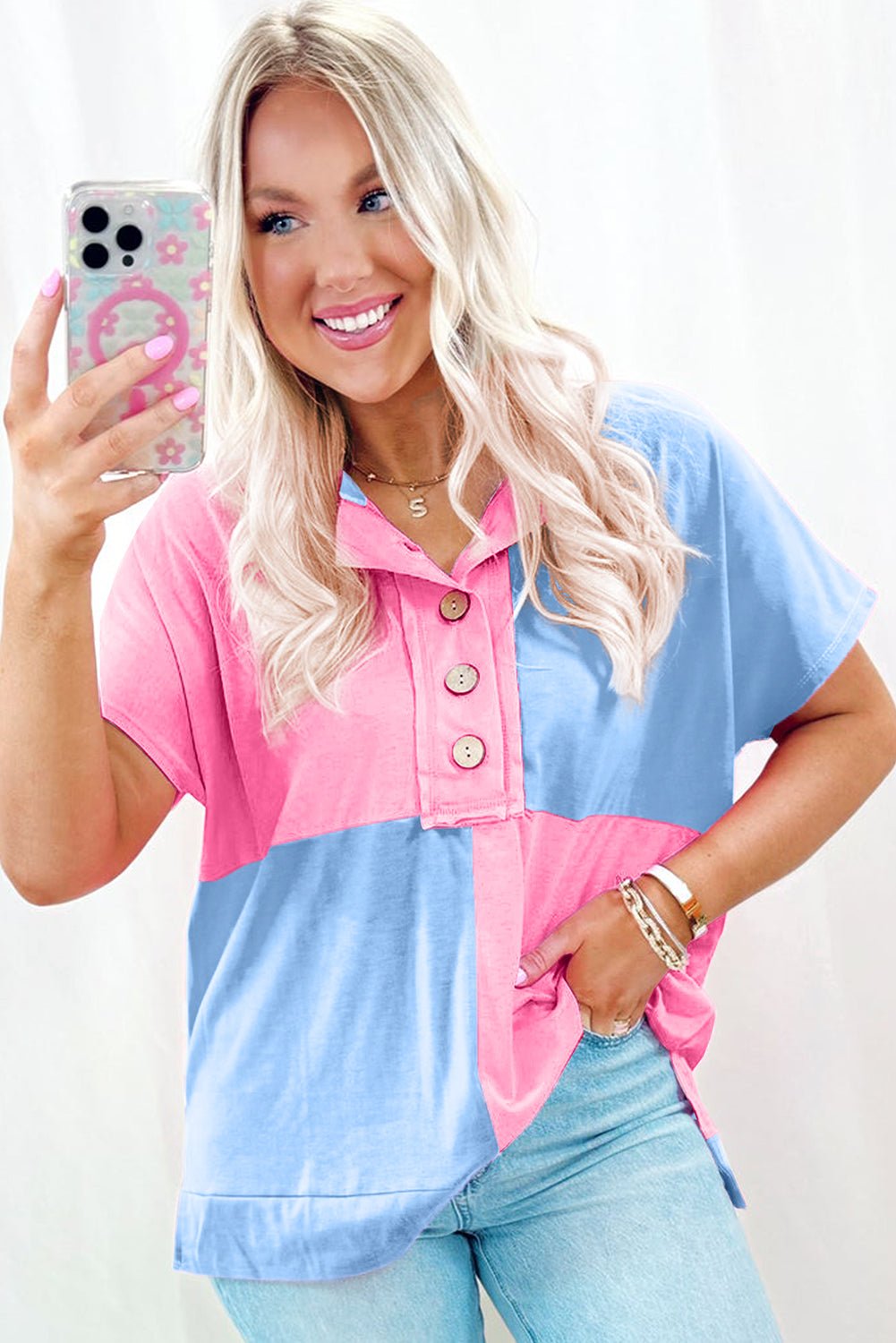 Pink Colorblock Half Buttons Henley T Shirt - MAD RUFFI
