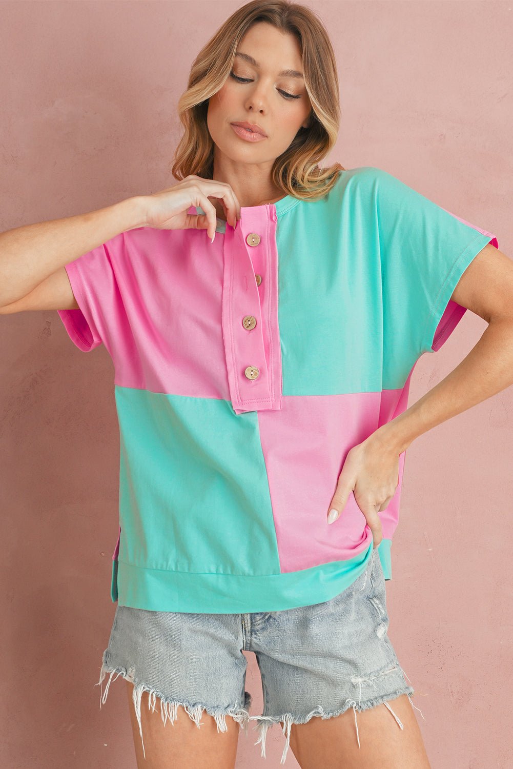 Pink Colorblock Half Buttons Henley T Shirt - MAD RUFFI