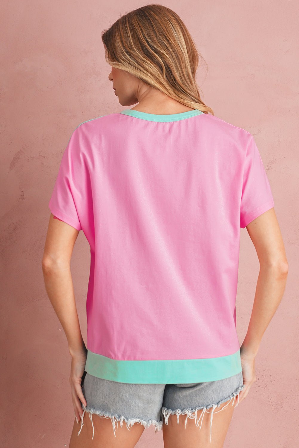 Pink Colorblock Half Buttons Henley T Shirt - MAD RUFFI
