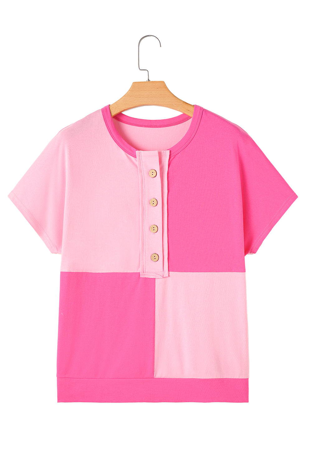 Pink Colorblock Half Buttons Henley T Shirt - MAD RUFFI