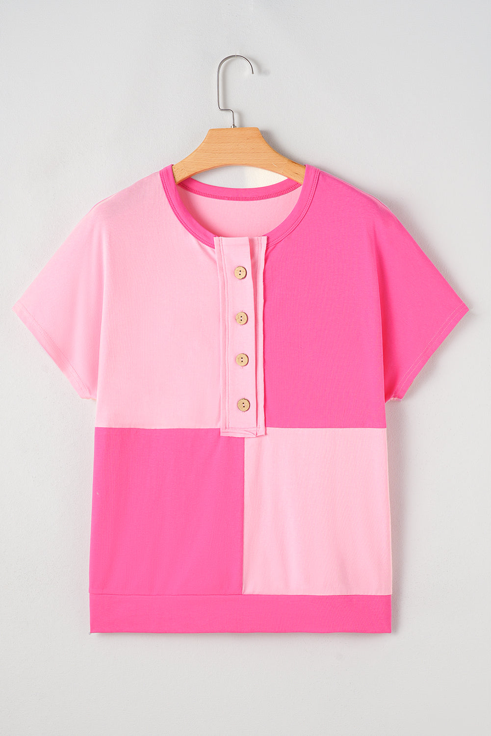 Pink Colorblock Half Buttons Henley T Shirt - MAD RUFFI