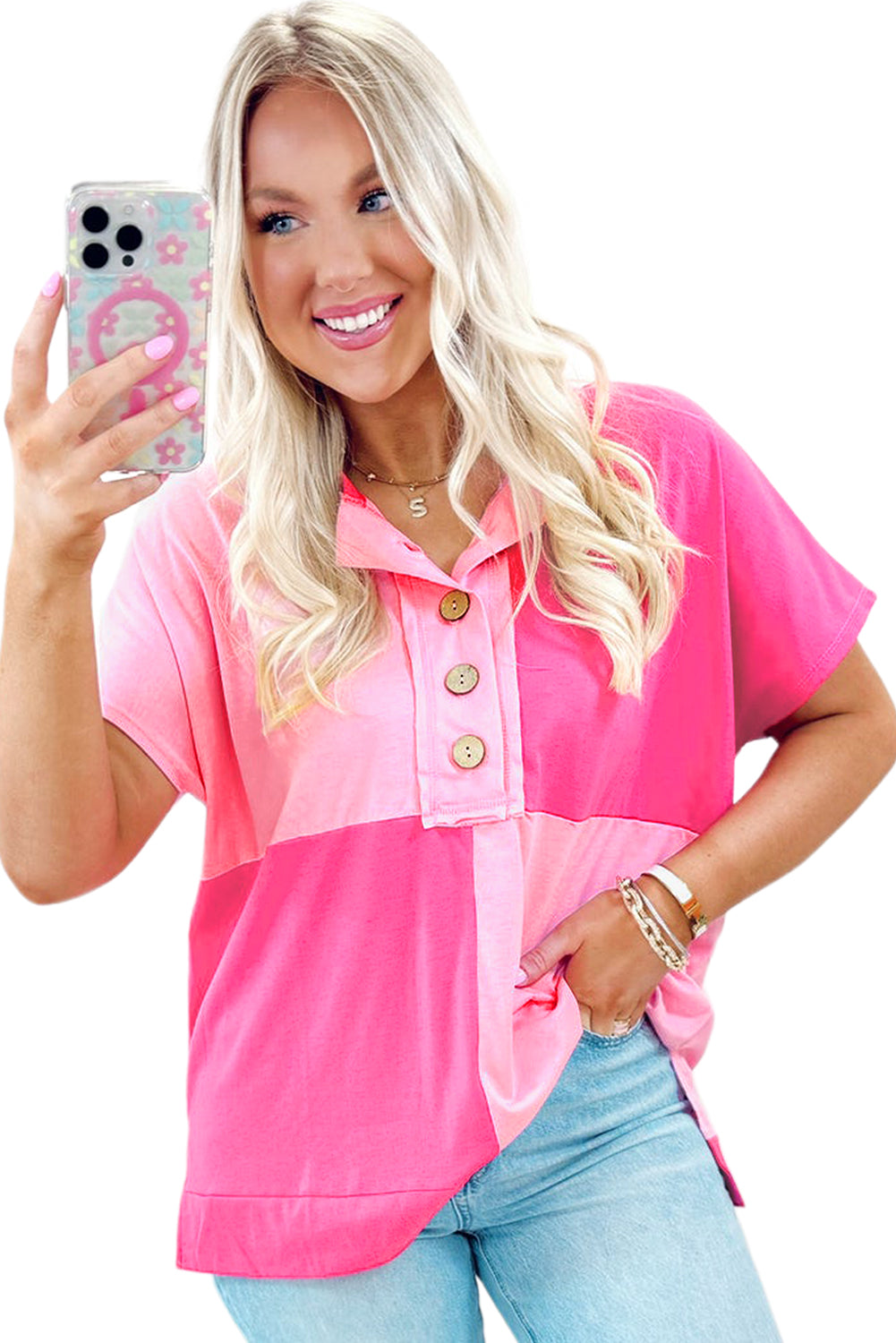 Pink Colorblock Half Buttons Henley T Shirt - MAD RUFFI