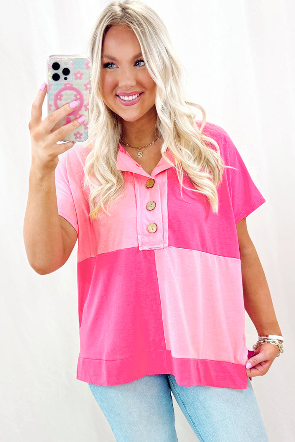 Pink Colorblock Half Buttons Henley T Shirt - MAD RUFFI