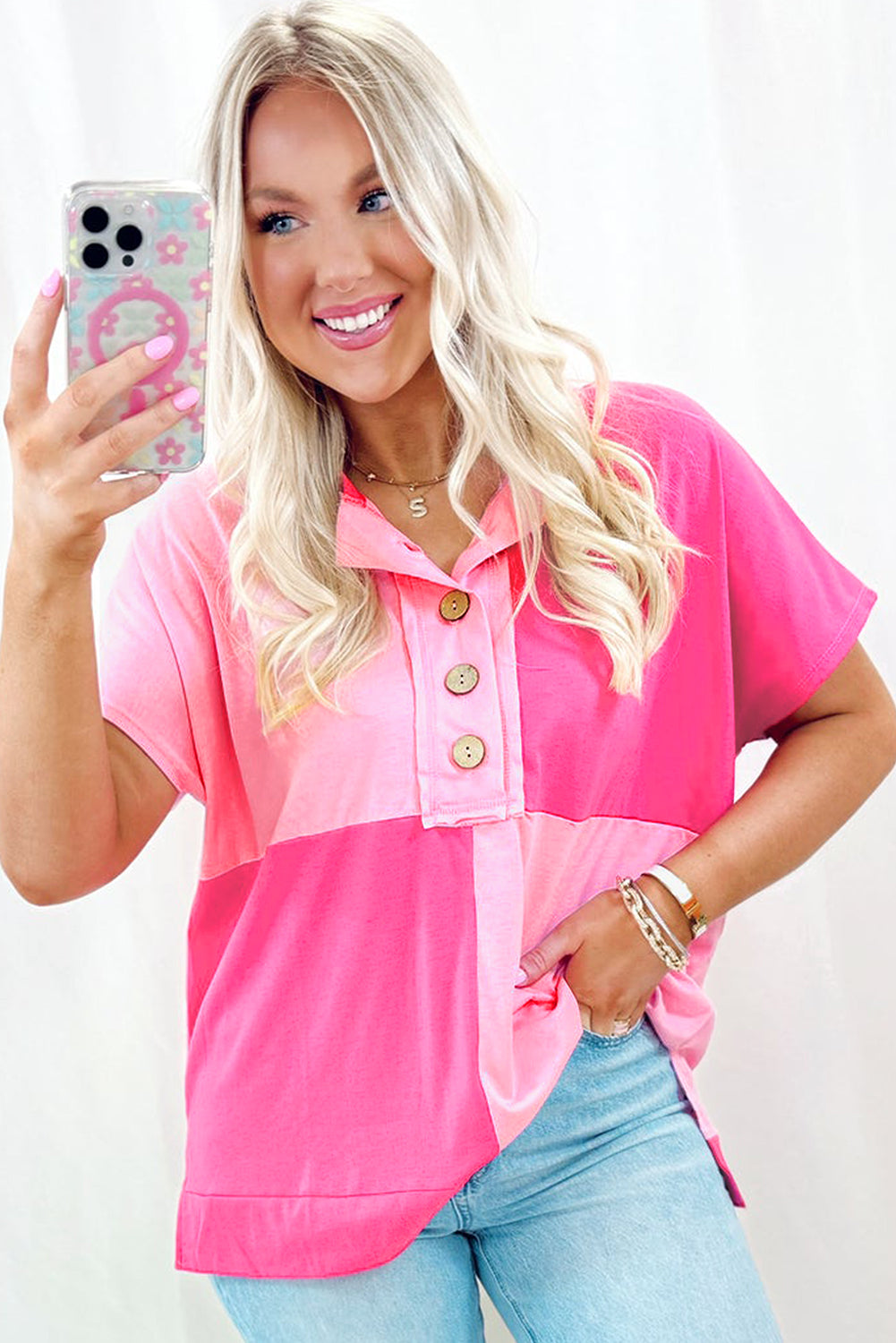 Pink Colorblock Half Buttons Henley T Shirt - MAD RUFFI