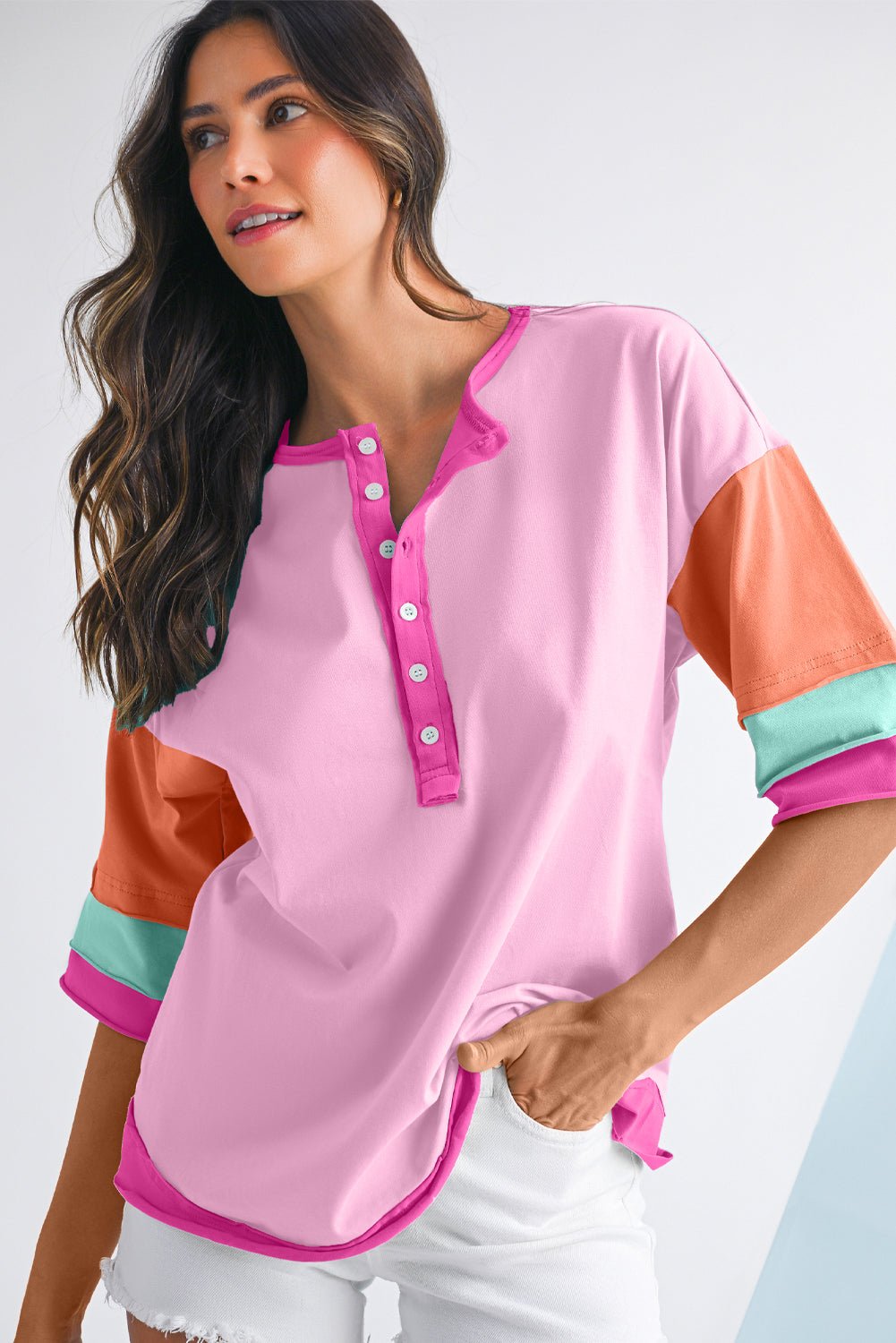 Pink Colorblock Half Sleeve Henley Top - MAD RUFFI