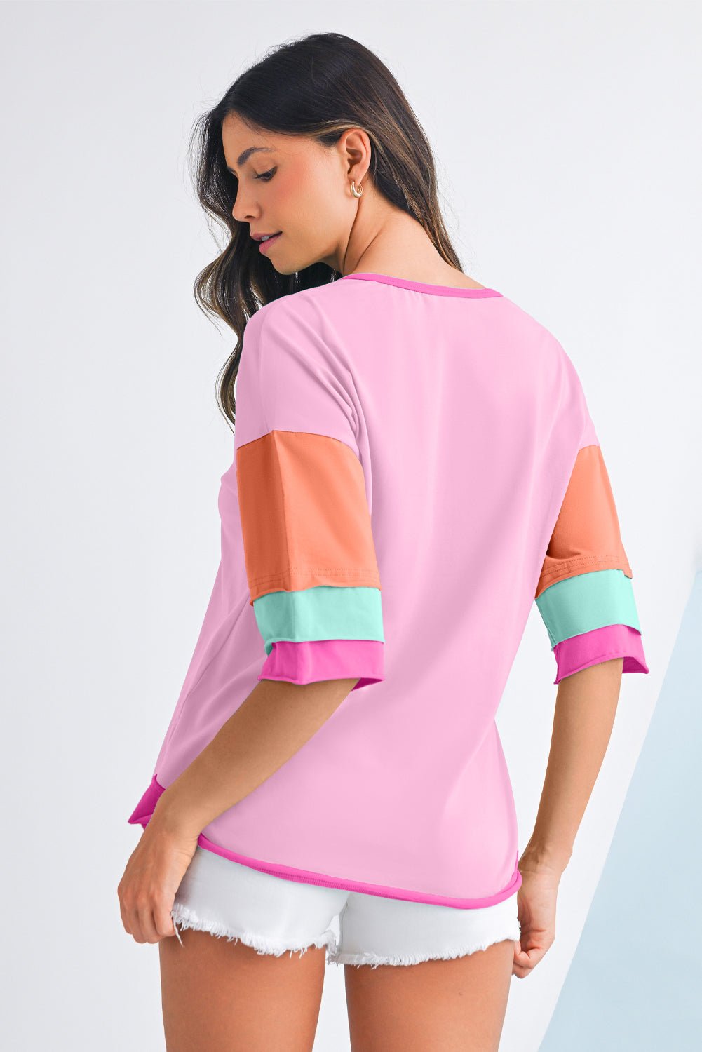 Pink Colorblock Half Sleeve Henley Top - MAD RUFFI