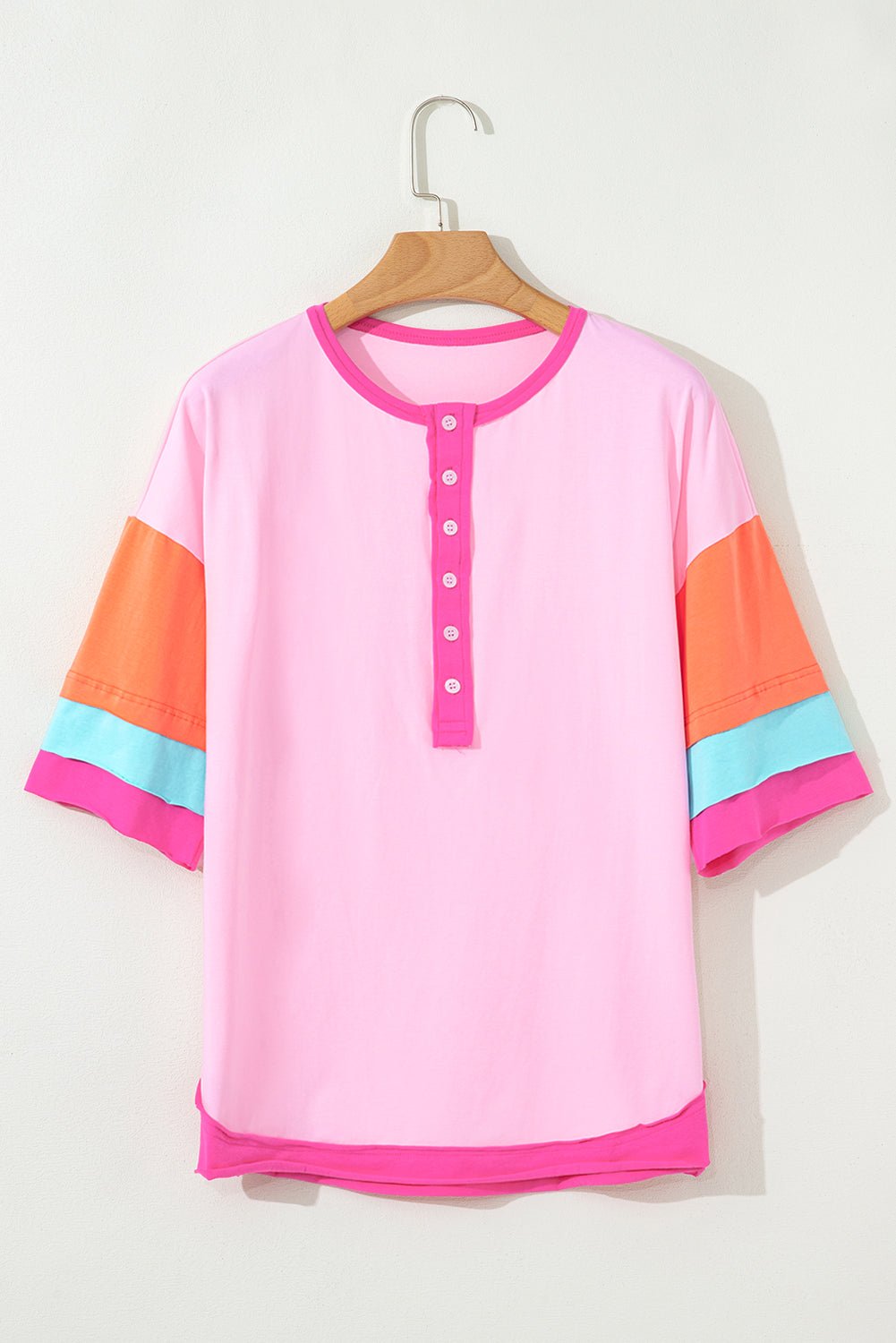 Pink Colorblock Half Sleeve Henley Top - MAD RUFFI