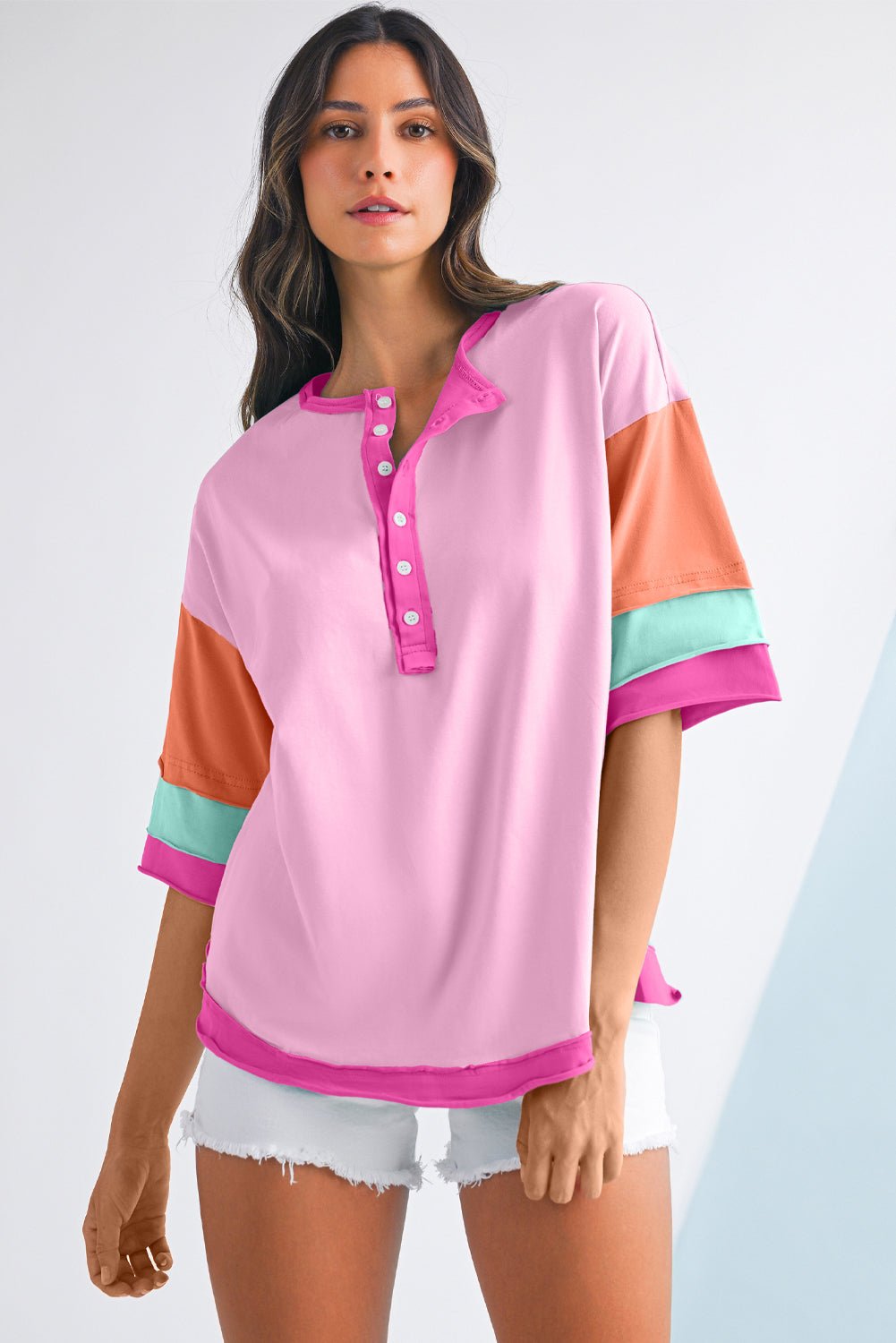 Pink Colorblock Half Sleeve Henley Top - MAD RUFFI