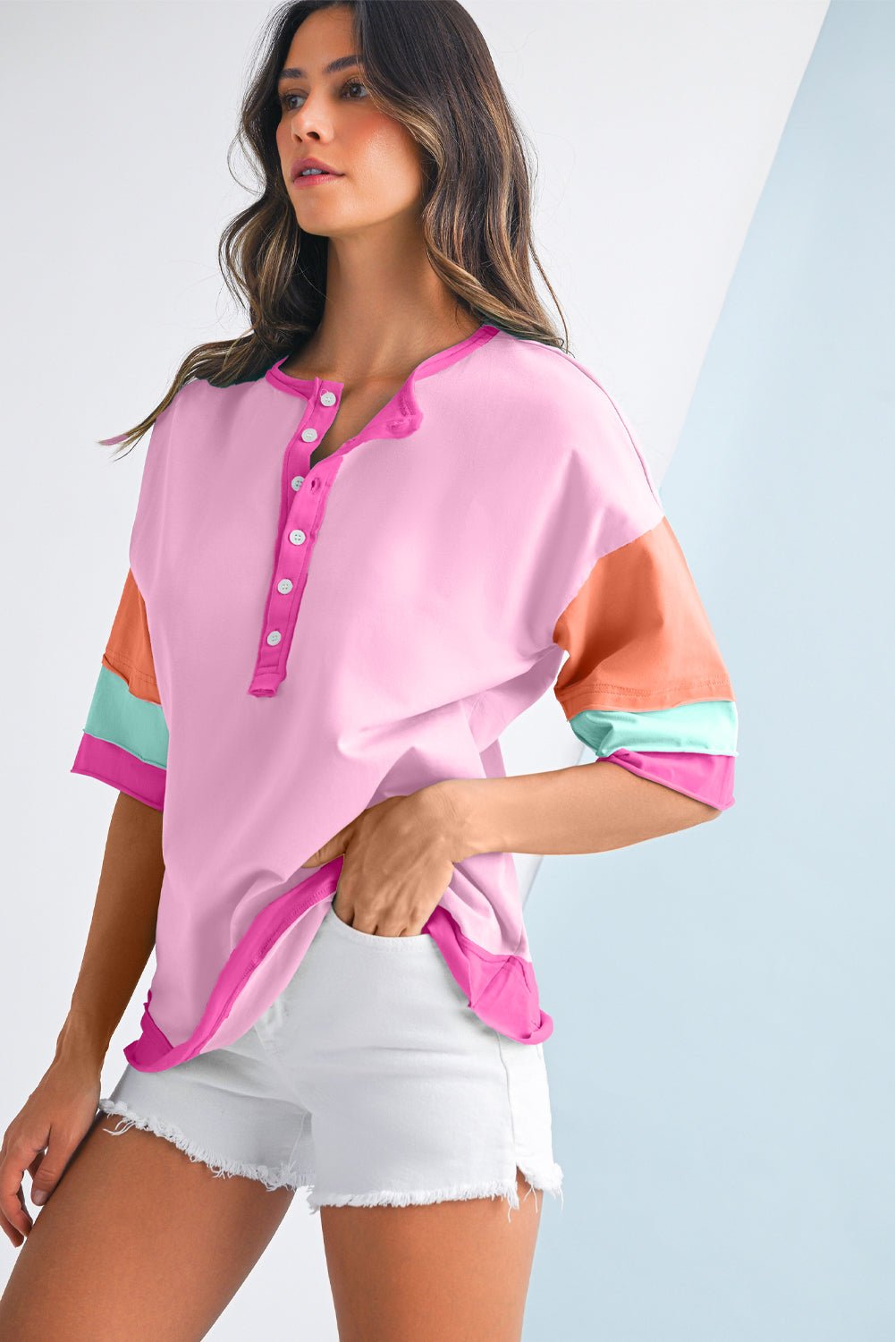 Pink Colorblock Half Sleeve Henley Top - MAD RUFFI