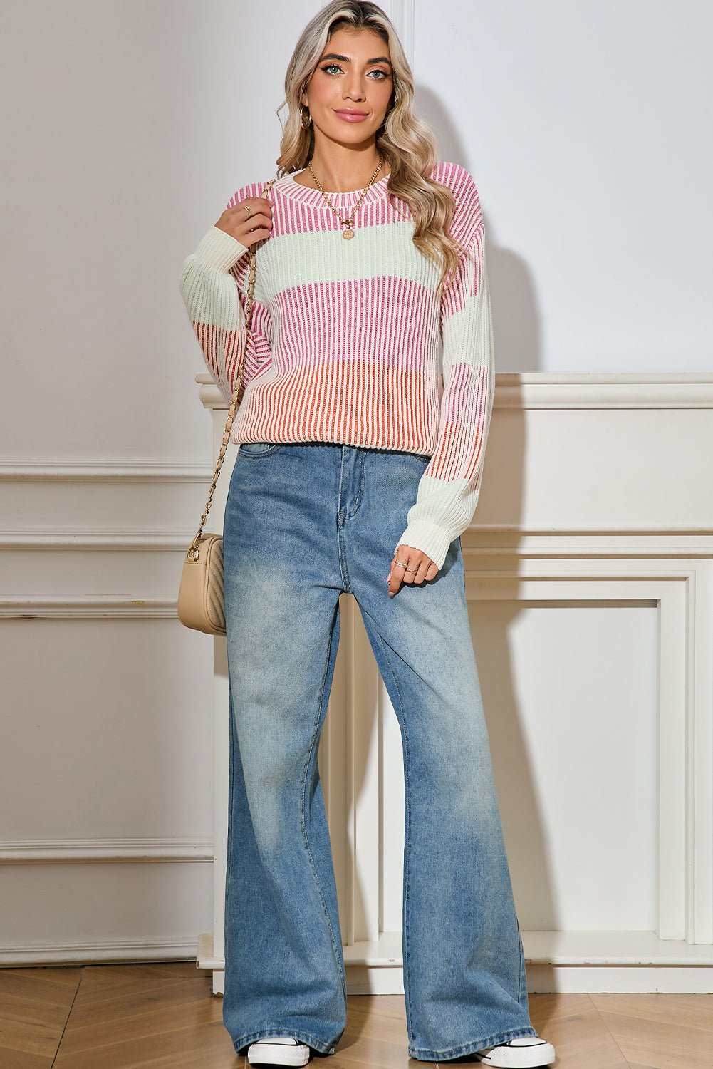 Pink Colorblock Lantern Sleeve Rib Knitted Sweater - MAD RUFFI