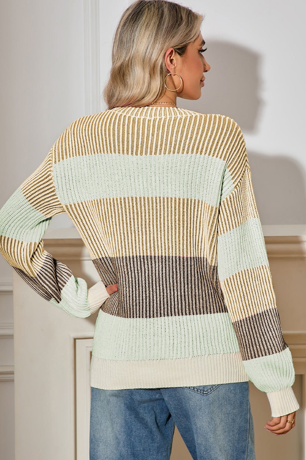 Pink Colorblock Lantern Sleeve Rib Knitted Sweater - MAD RUFFI