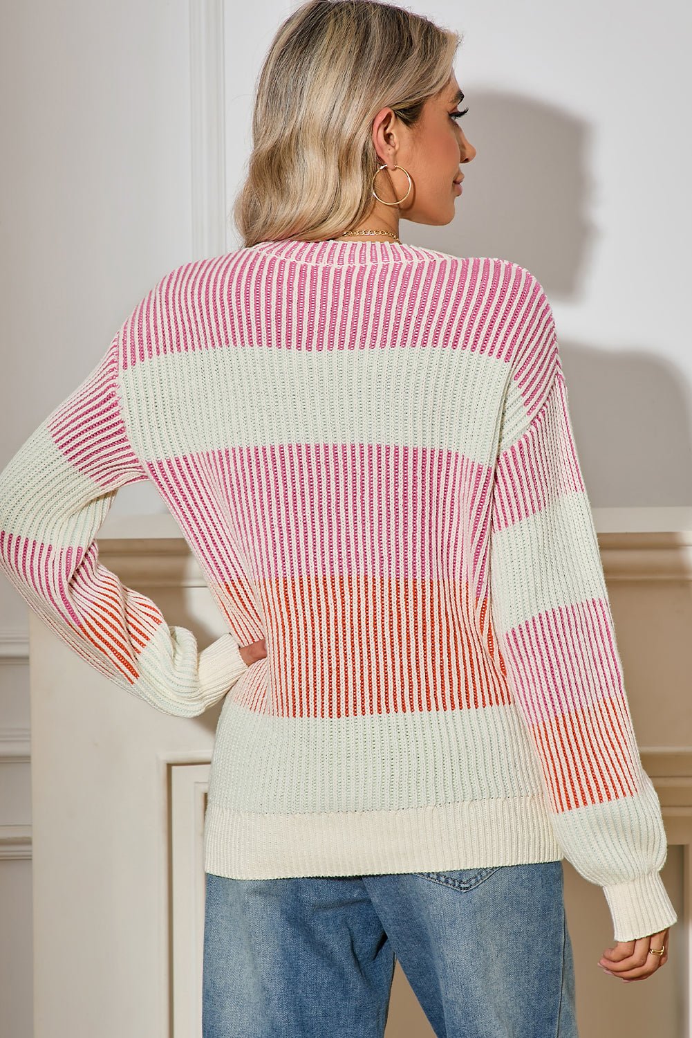 Pink Colorblock Lantern Sleeve Rib Knitted Sweater - MAD RUFFI