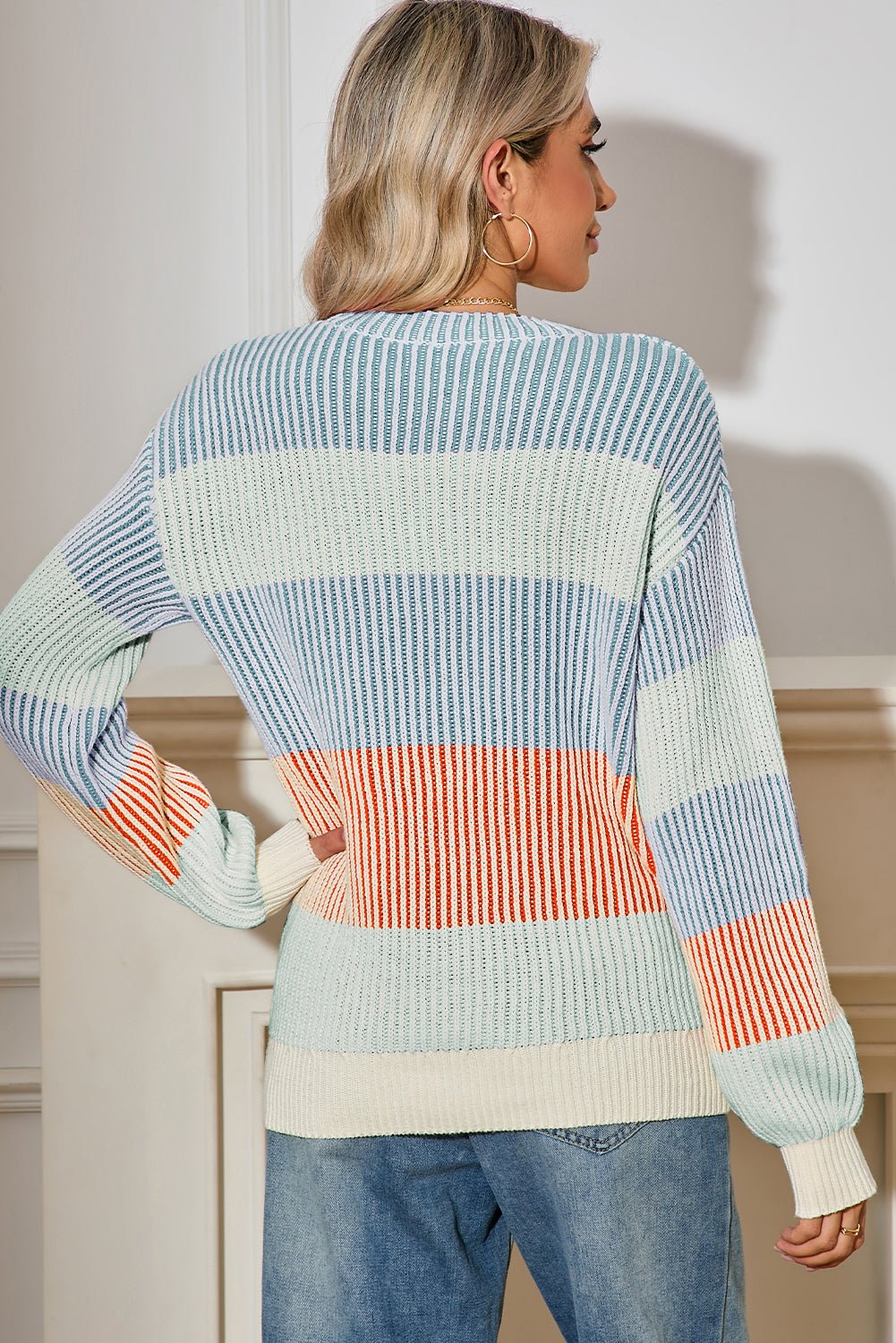 Pink Colorblock Lantern Sleeve Rib Knitted Sweater - MAD RUFFI