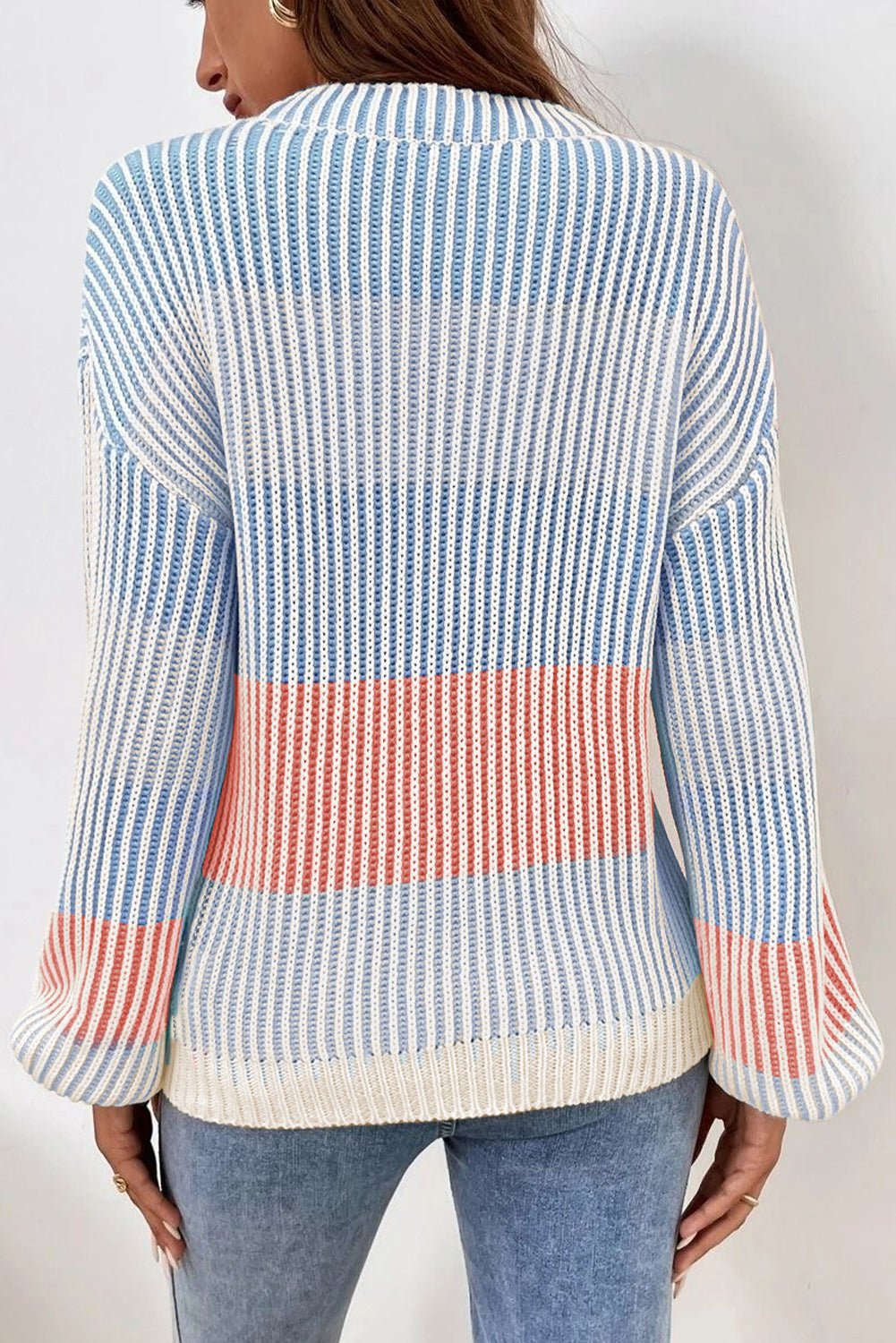 Pink Colorblock Lantern Sleeve Rib Knitted Sweater - MAD RUFFI