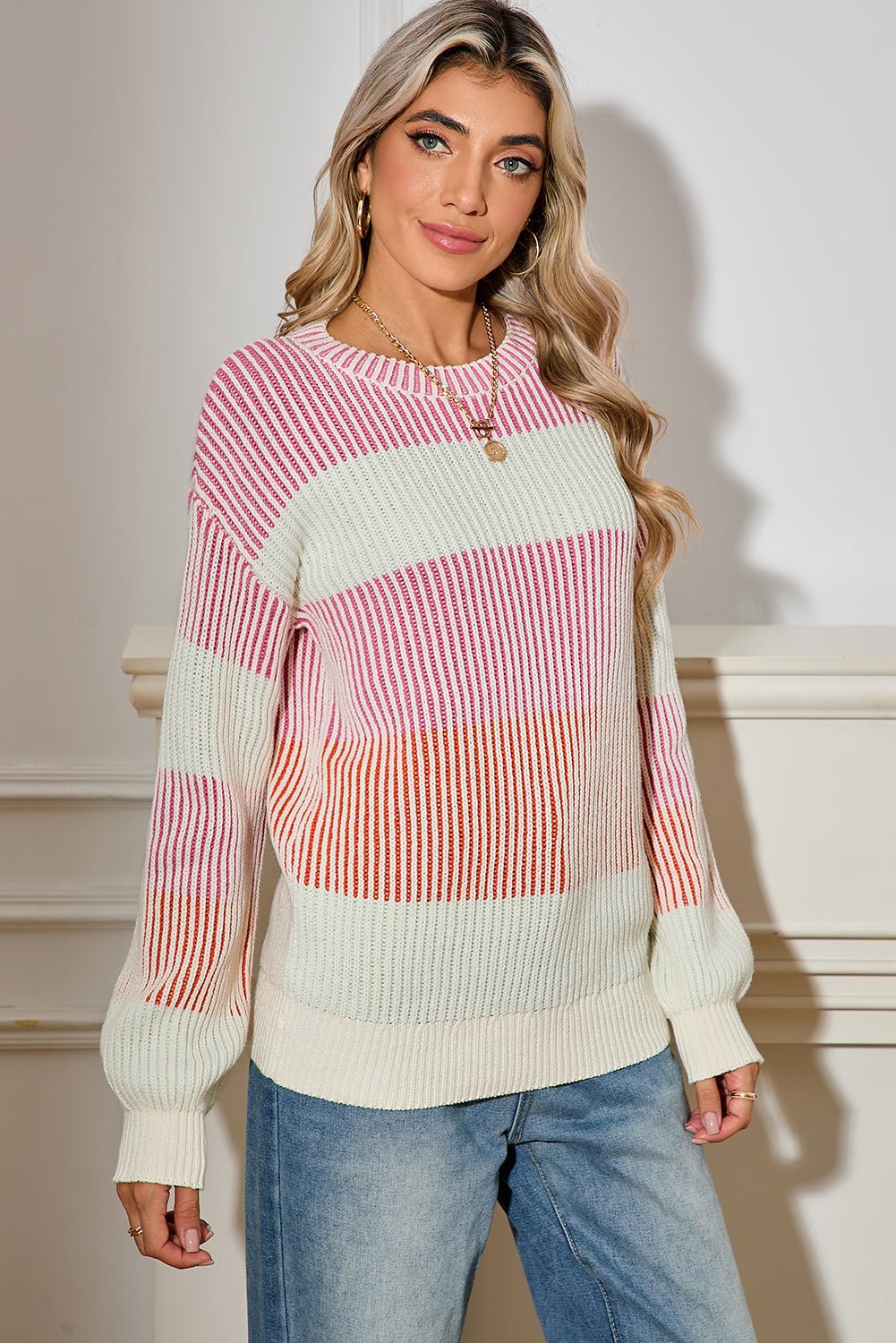 Pink Colorblock Lantern Sleeve Rib Knitted Sweater - MAD RUFFI