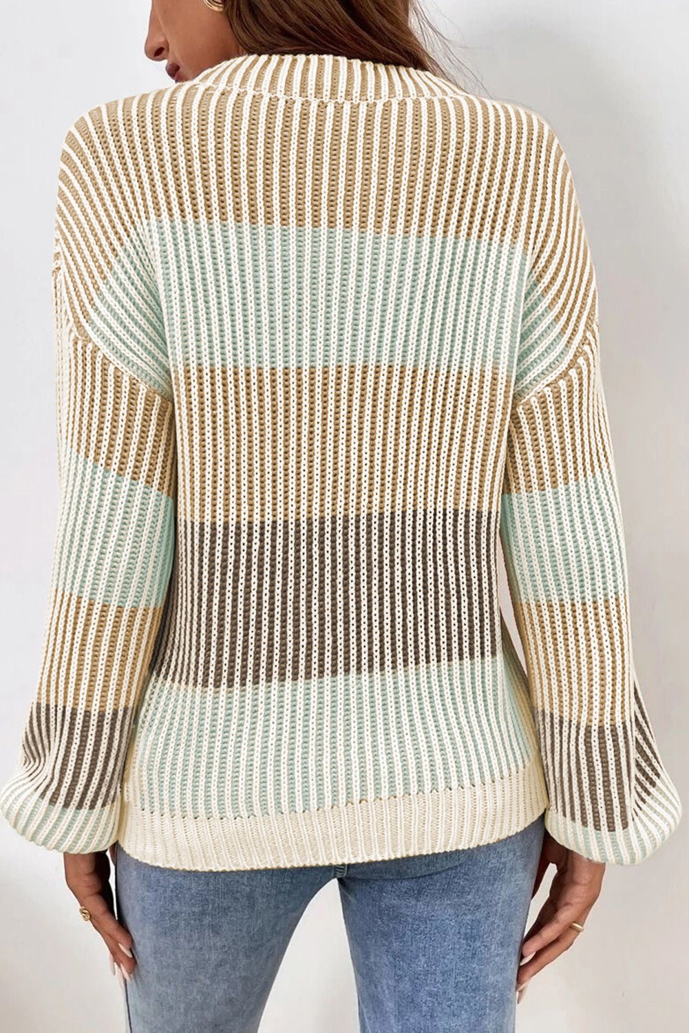 Pink Colorblock Lantern Sleeve Rib Knitted Sweater - MAD RUFFI