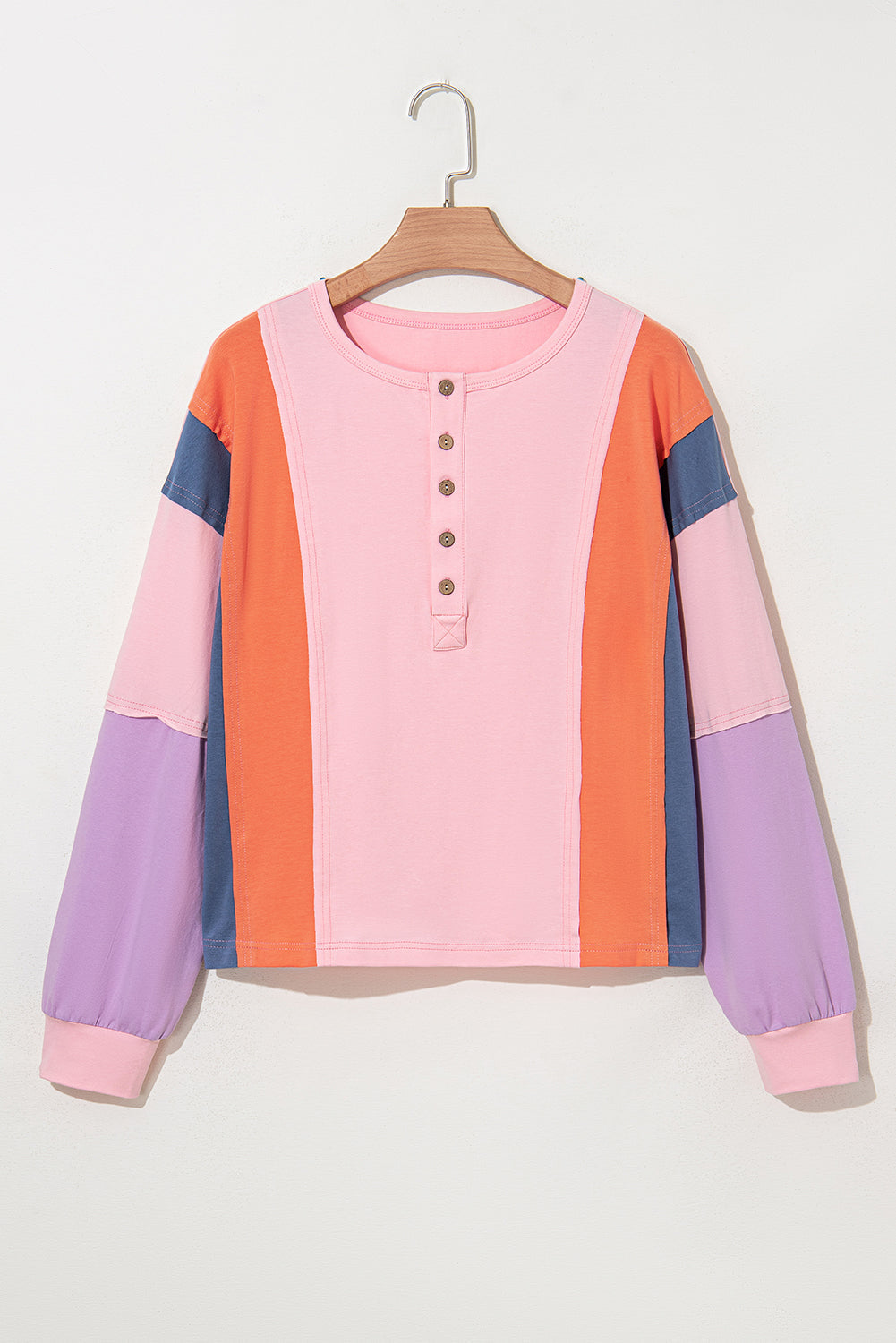 Pink Colorblock Long Sleeve Buttons Henley Top - MAD RUFFI