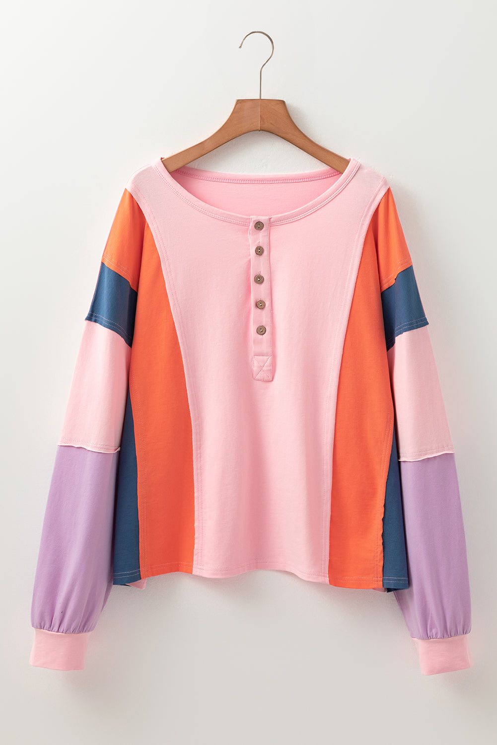 Pink Colorblock Long Sleeve Buttons Henley Top - MAD RUFFI