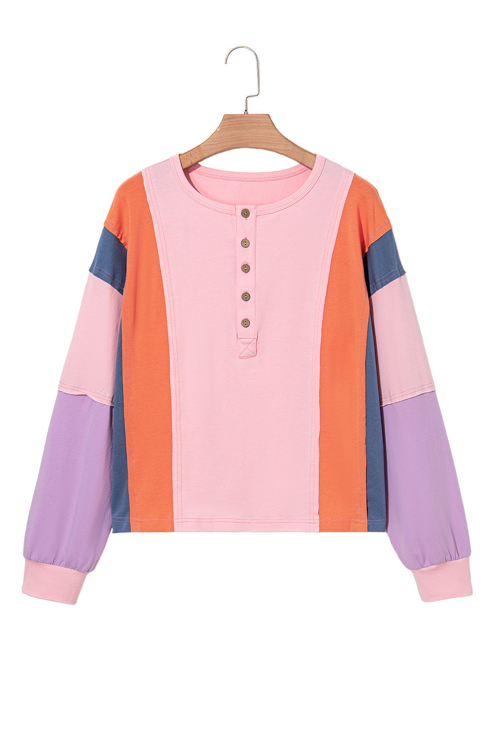 Pink Colorblock Long Sleeve Buttons Henley Top - MAD RUFFI