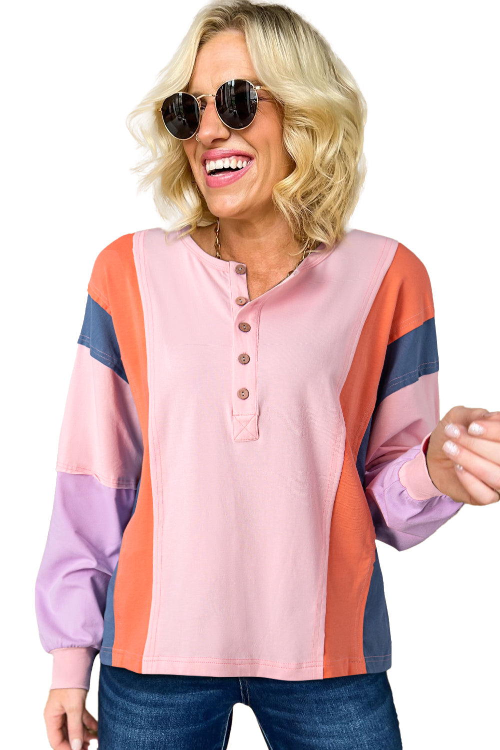 Pink Colorblock Long Sleeve Buttons Henley Top - MAD RUFFI