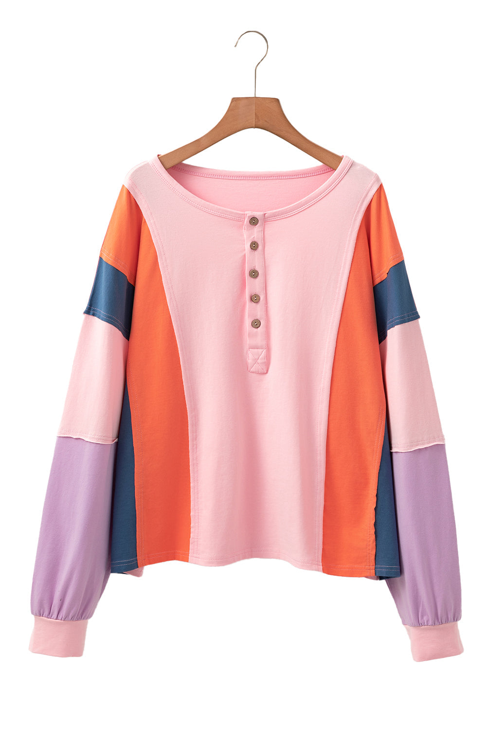 Pink Colorblock Long Sleeve Buttons Henley Top - MAD RUFFI