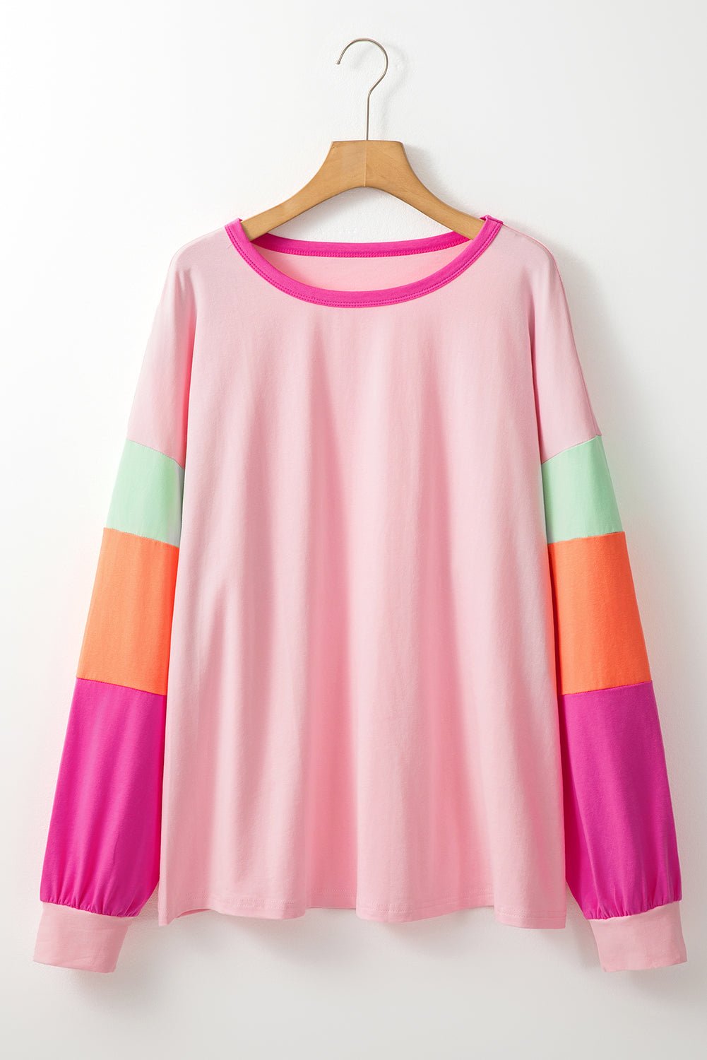 Pink Colorblock Long Sleeve Plus Size Top - MAD RUFFI