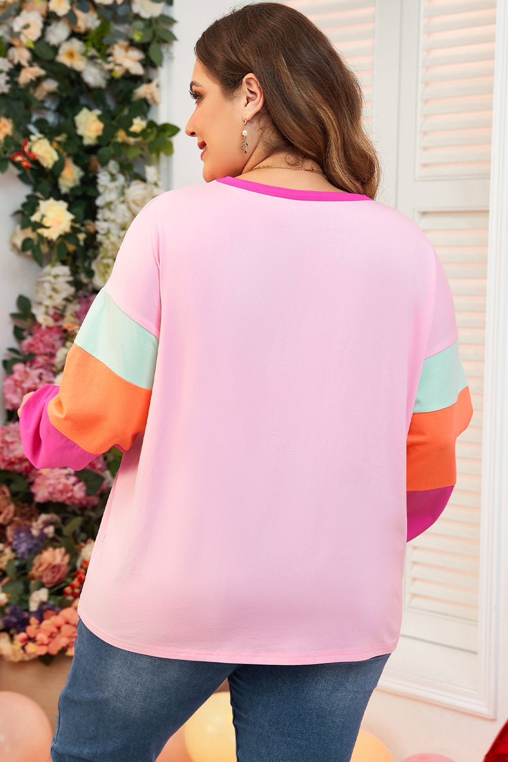 Pink Colorblock Long Sleeve Plus Size Top - MAD RUFFI