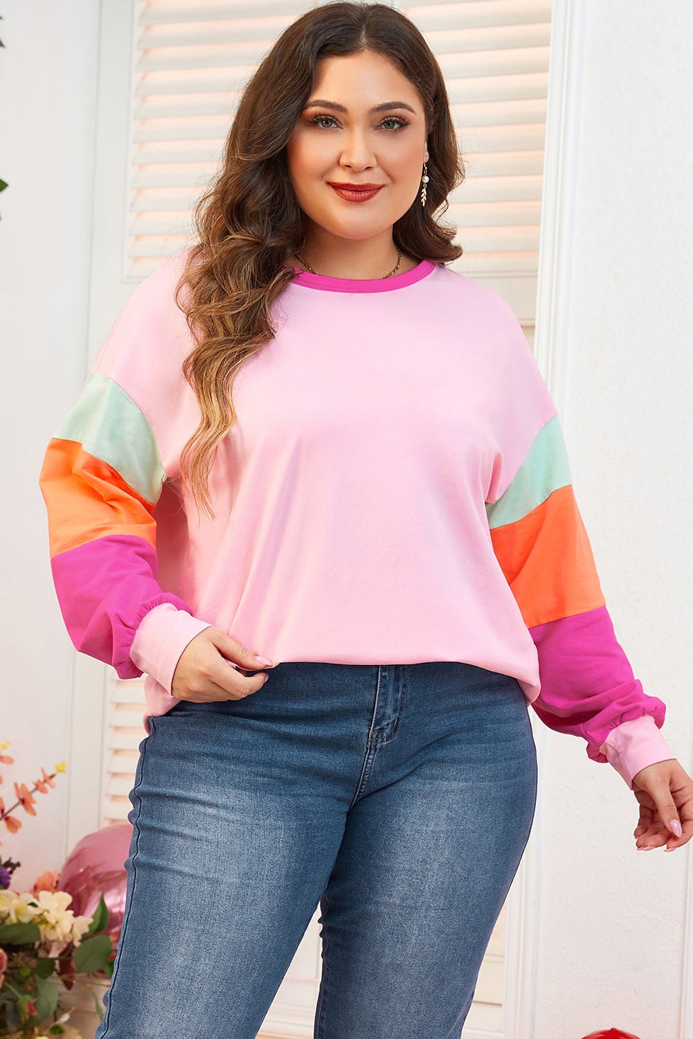 Pink Colorblock Long Sleeve Plus Size Top - MAD RUFFI