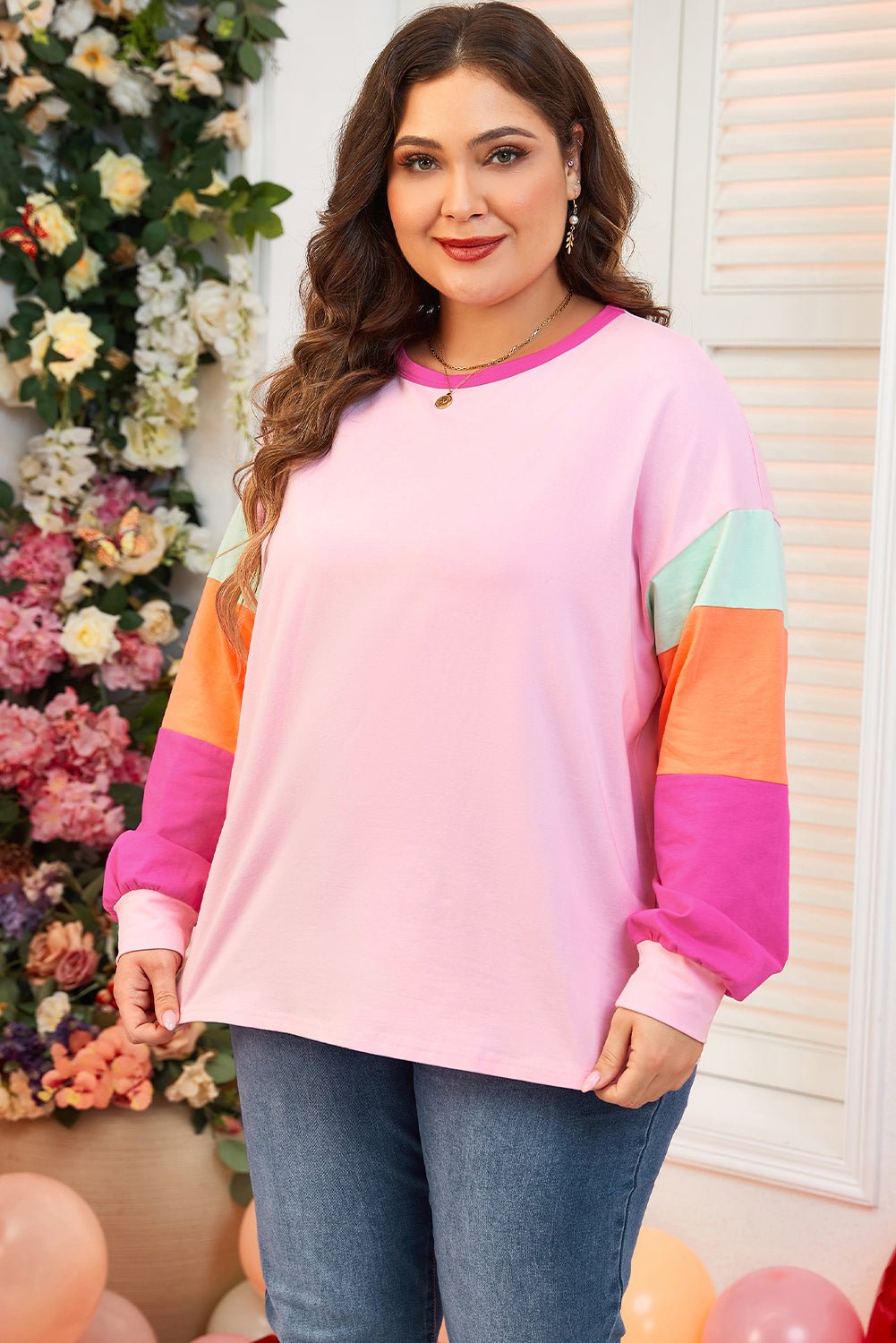 Pink Colorblock Long Sleeve Plus Size Top - MAD RUFFI