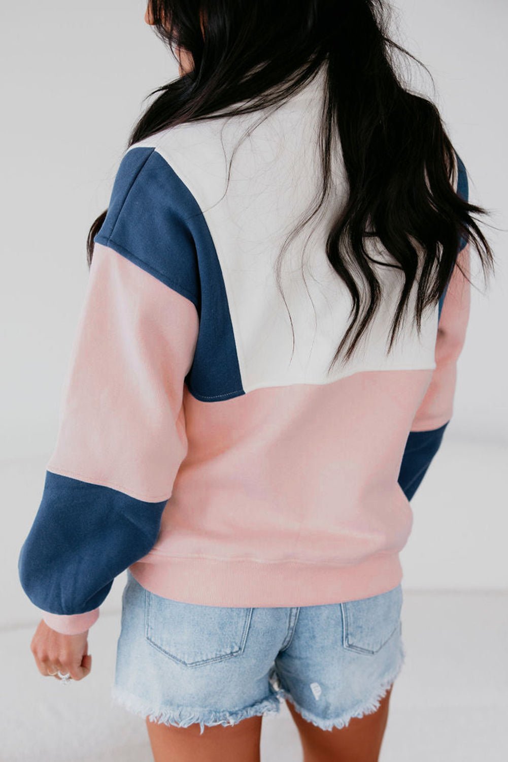 Pink Colorblock Patchwork Half Button Baggy Sweatshirt - MAD RUFFI