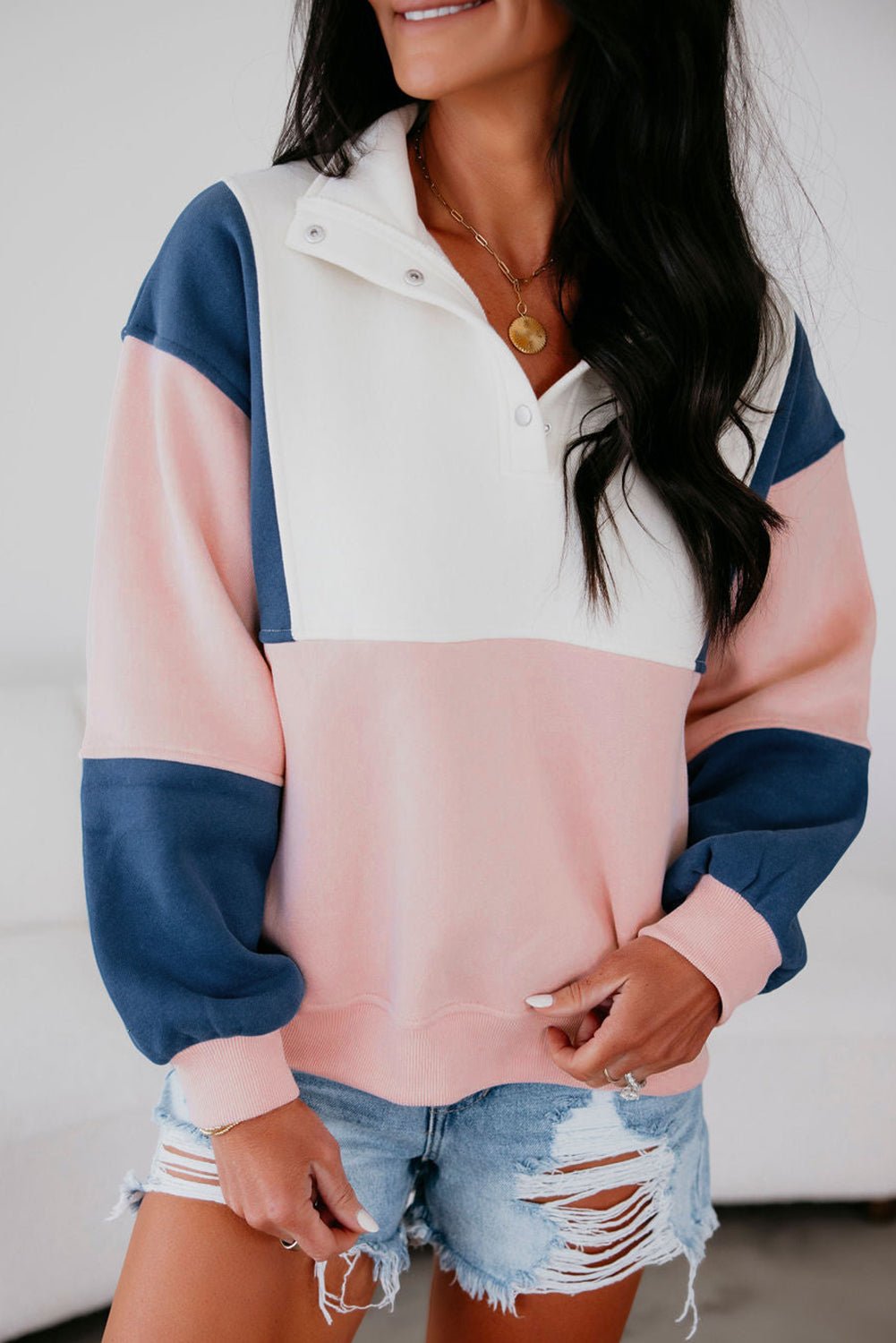 Pink Colorblock Patchwork Half Button Baggy Sweatshirt - MAD RUFFI