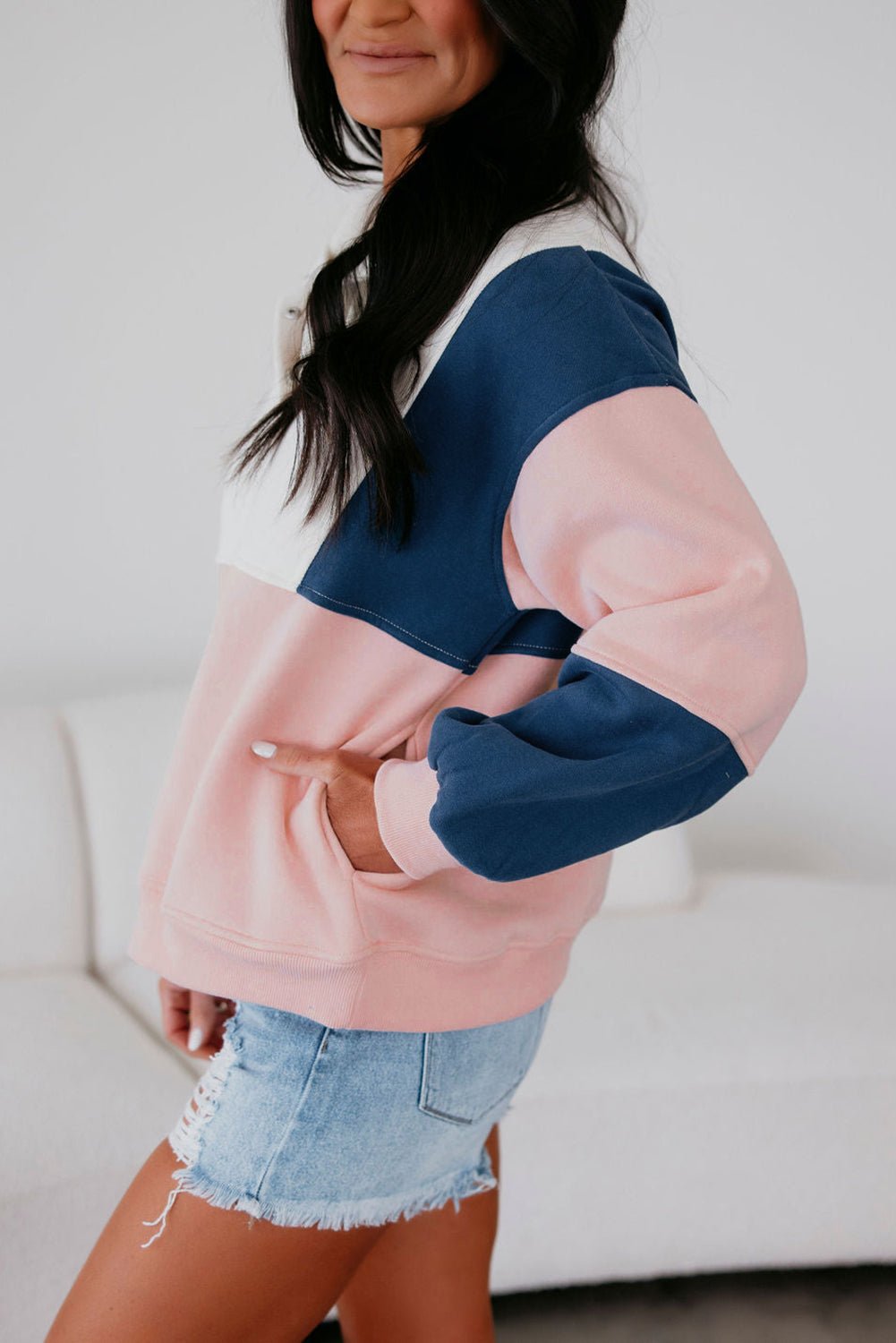 Pink Colorblock Patchwork Half Button Baggy Sweatshirt - MAD RUFFI