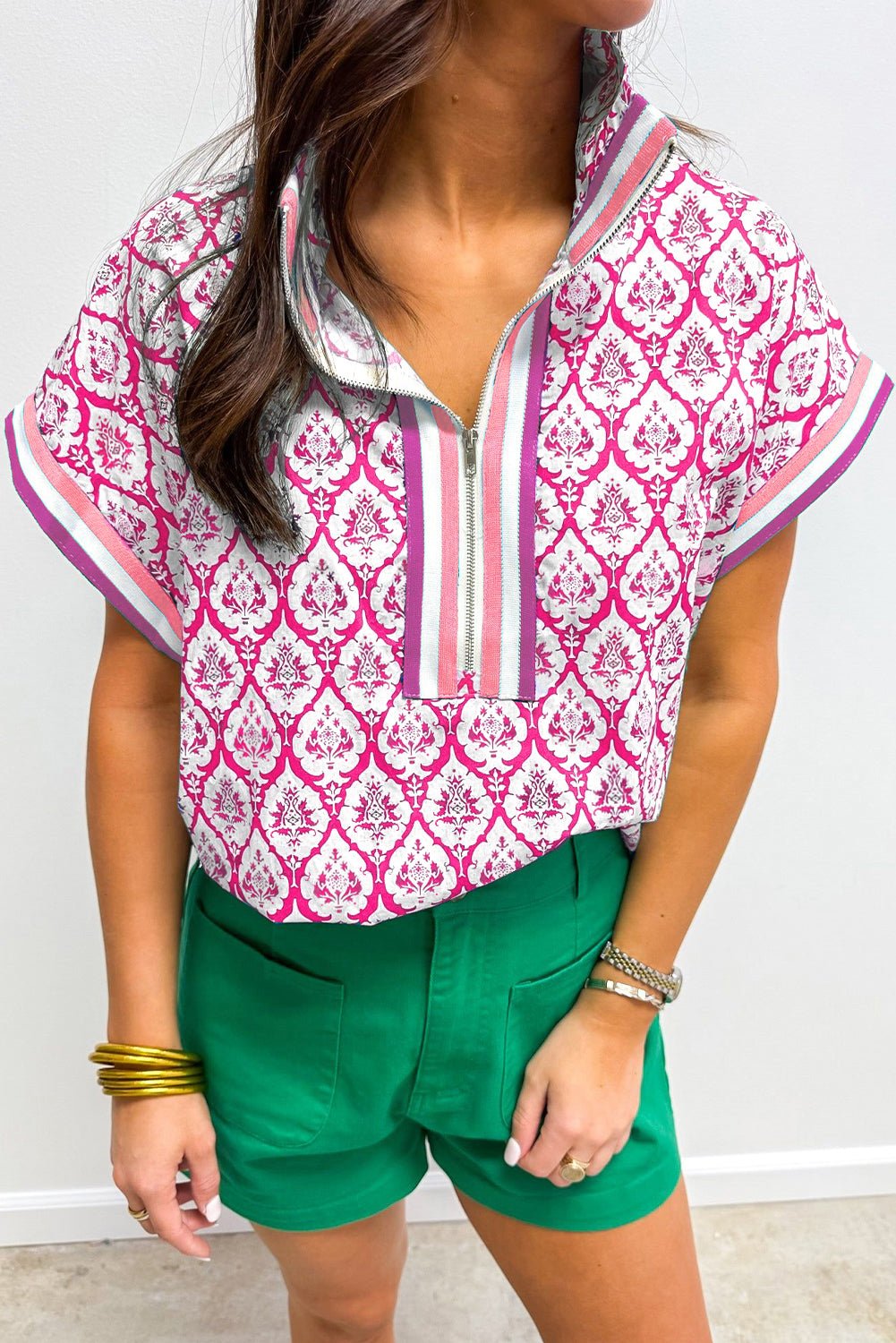 Pink Colorblock Striped Collar Bohemian Print Blouse - MAD RUFFI