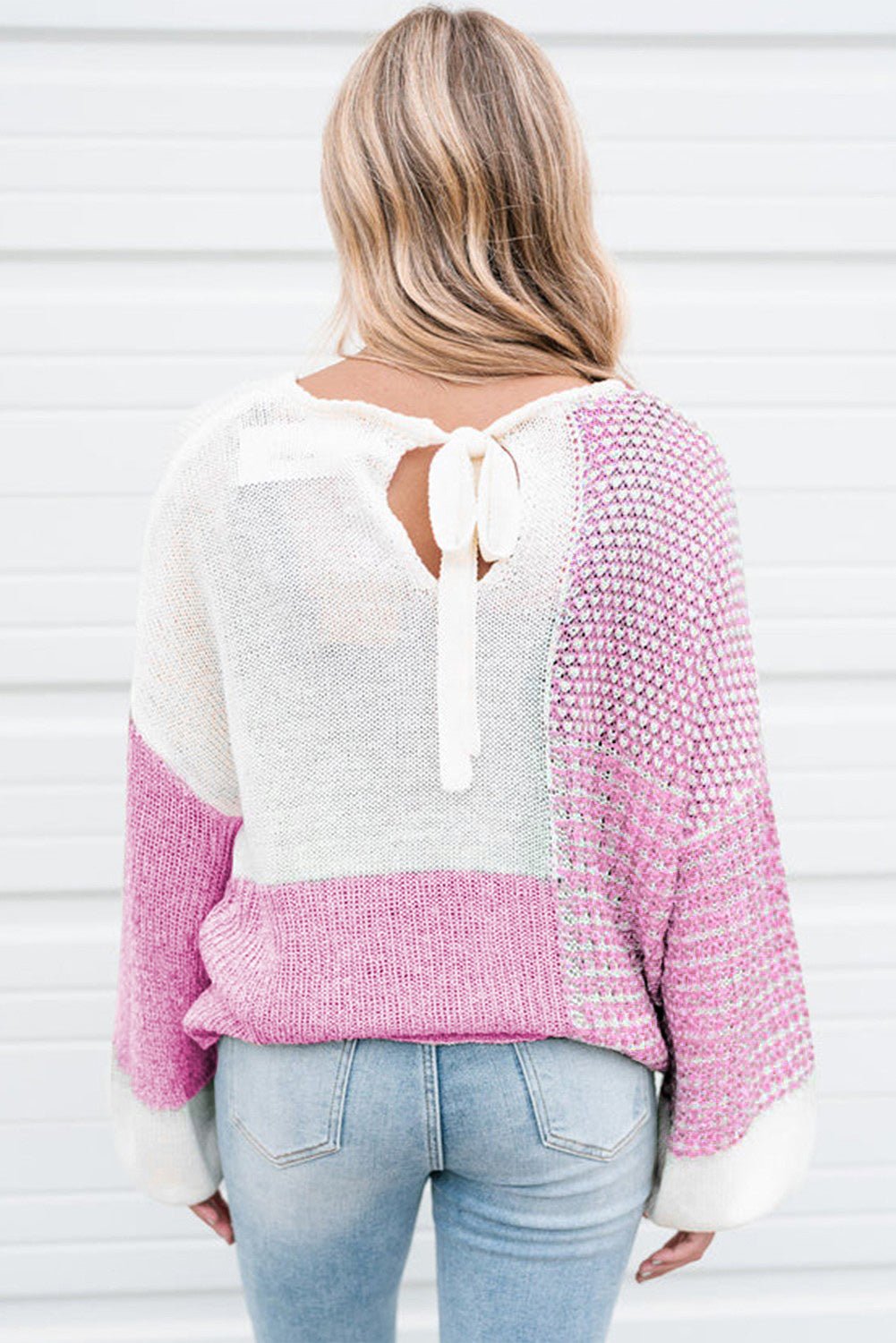 Pink Colorblock Tie Back Drop Shoulder Knit Sweater - MAD RUFFI