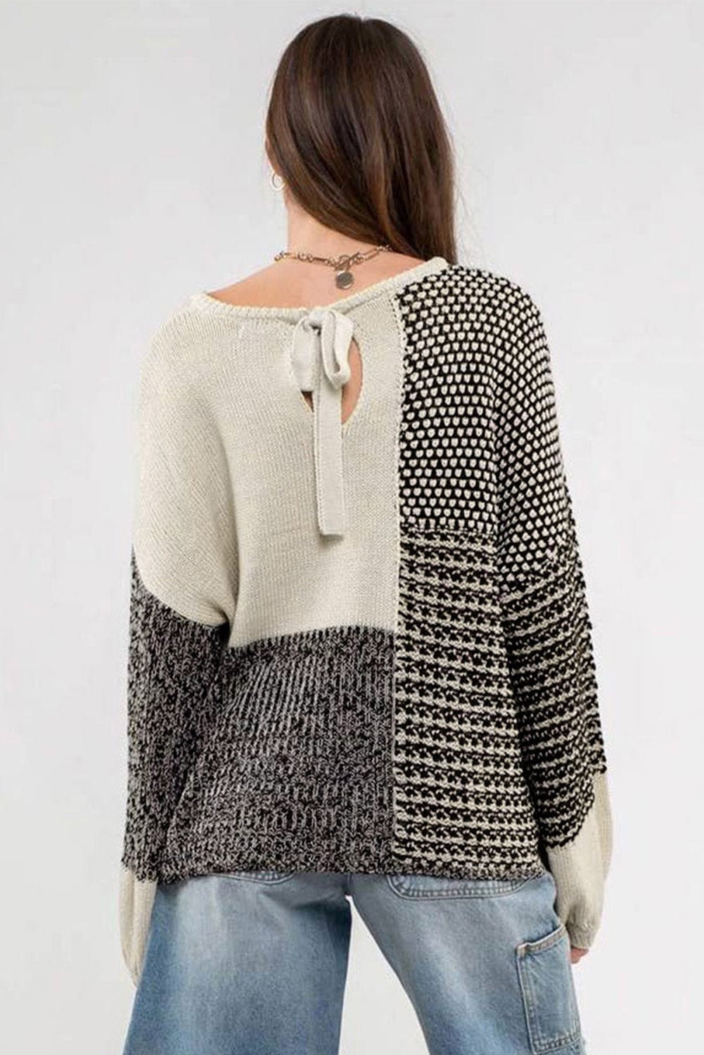 Pink Colorblock Tie Back Drop Shoulder Knit Sweater - MAD RUFFI