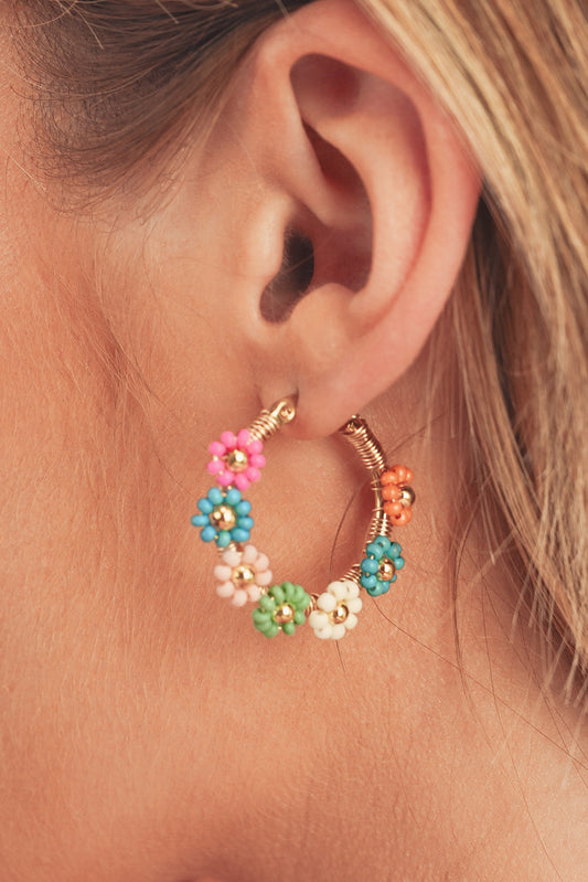 Pink Contrast Beaded Flowers Round Shape Dropping Earrings - MAD RUFFI