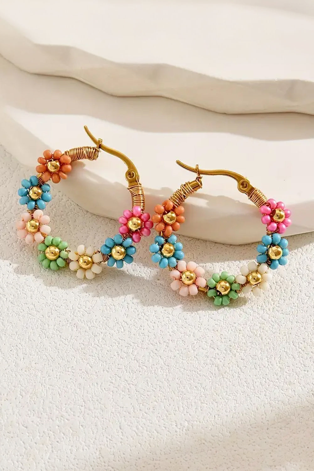 Pink Contrast Beaded Flowers Round Shape Dropping Earrings - MAD RUFFI