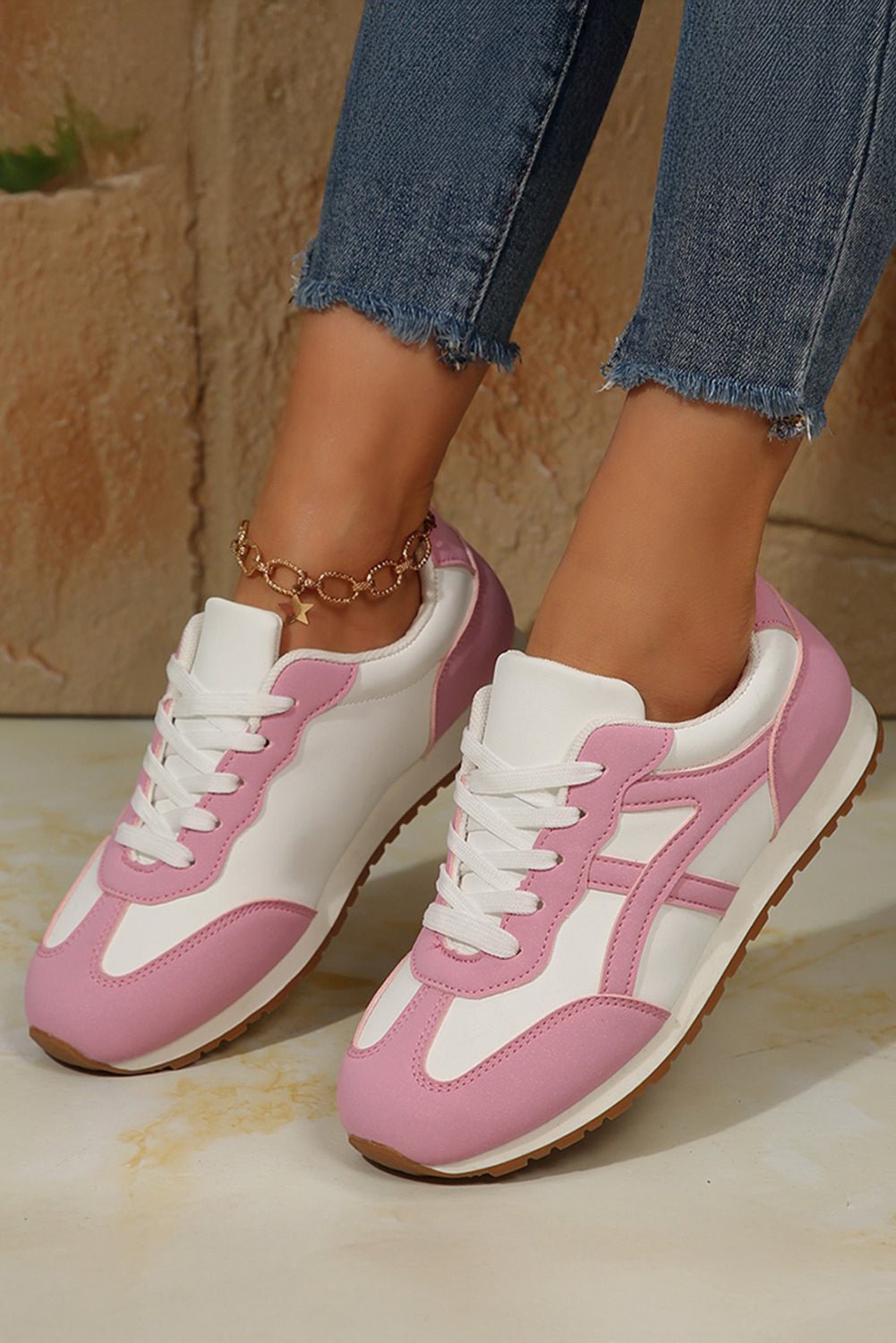 Pink Contrast Lace Up Round Toe Sneakers - MAD RUFFI