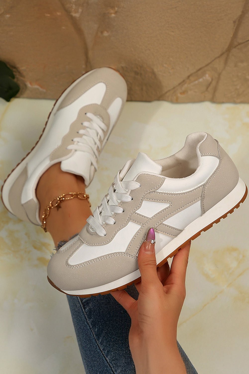 Pink Contrast Lace Up Round Toe Sneakers - MAD RUFFI