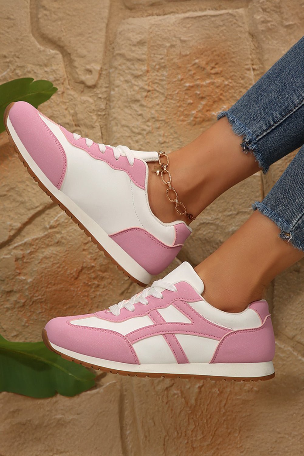 Pink Contrast Lace Up Round Toe Sneakers - MAD RUFFI