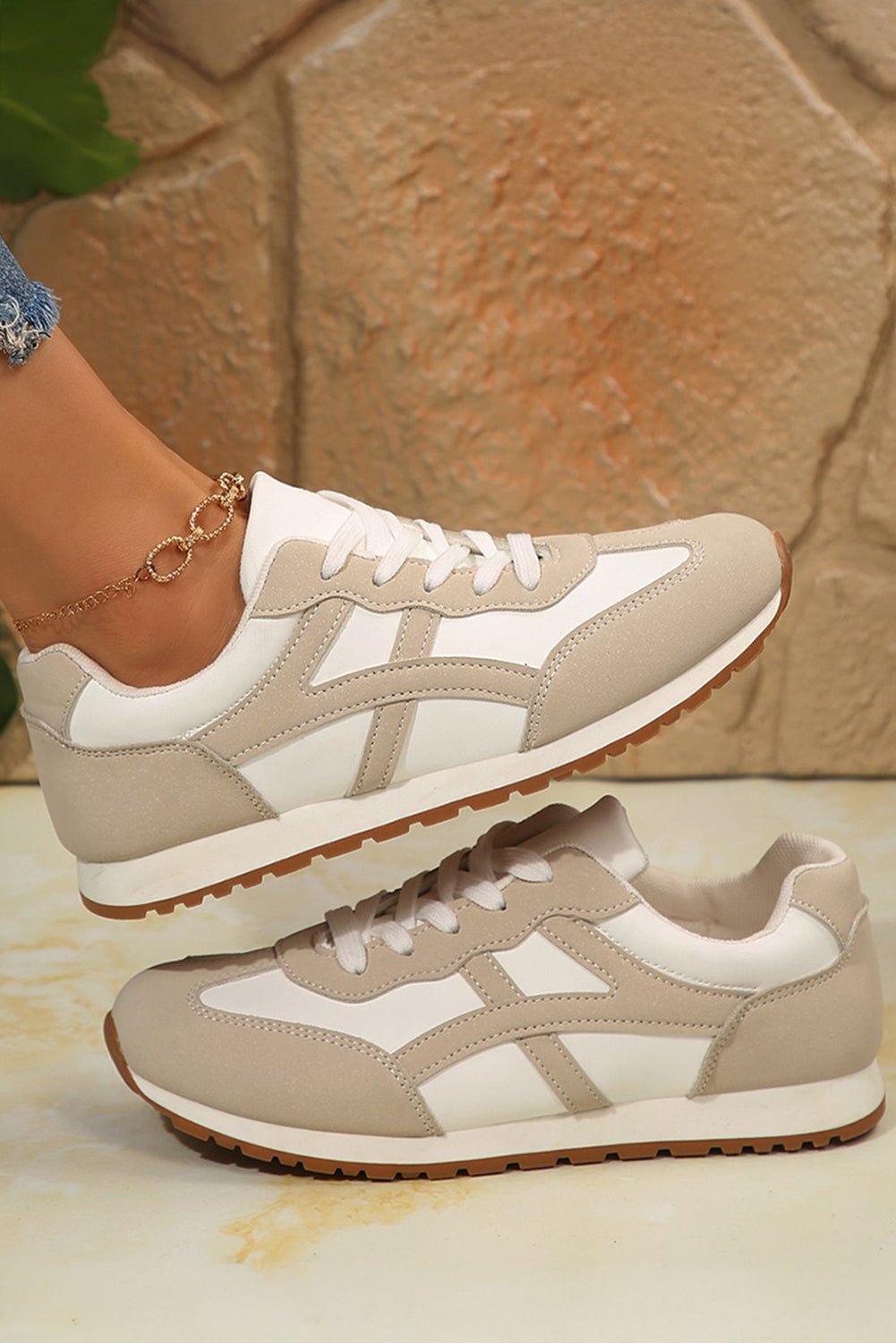 Pink Contrast Lace Up Round Toe Sneakers - MAD RUFFI