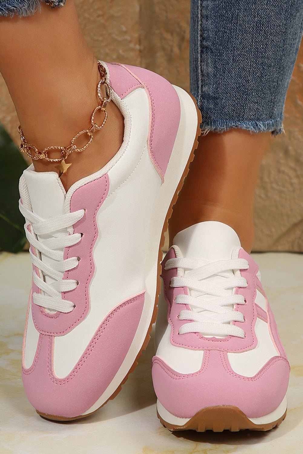 Pink Contrast Lace Up Round Toe Sneakers - MAD RUFFI